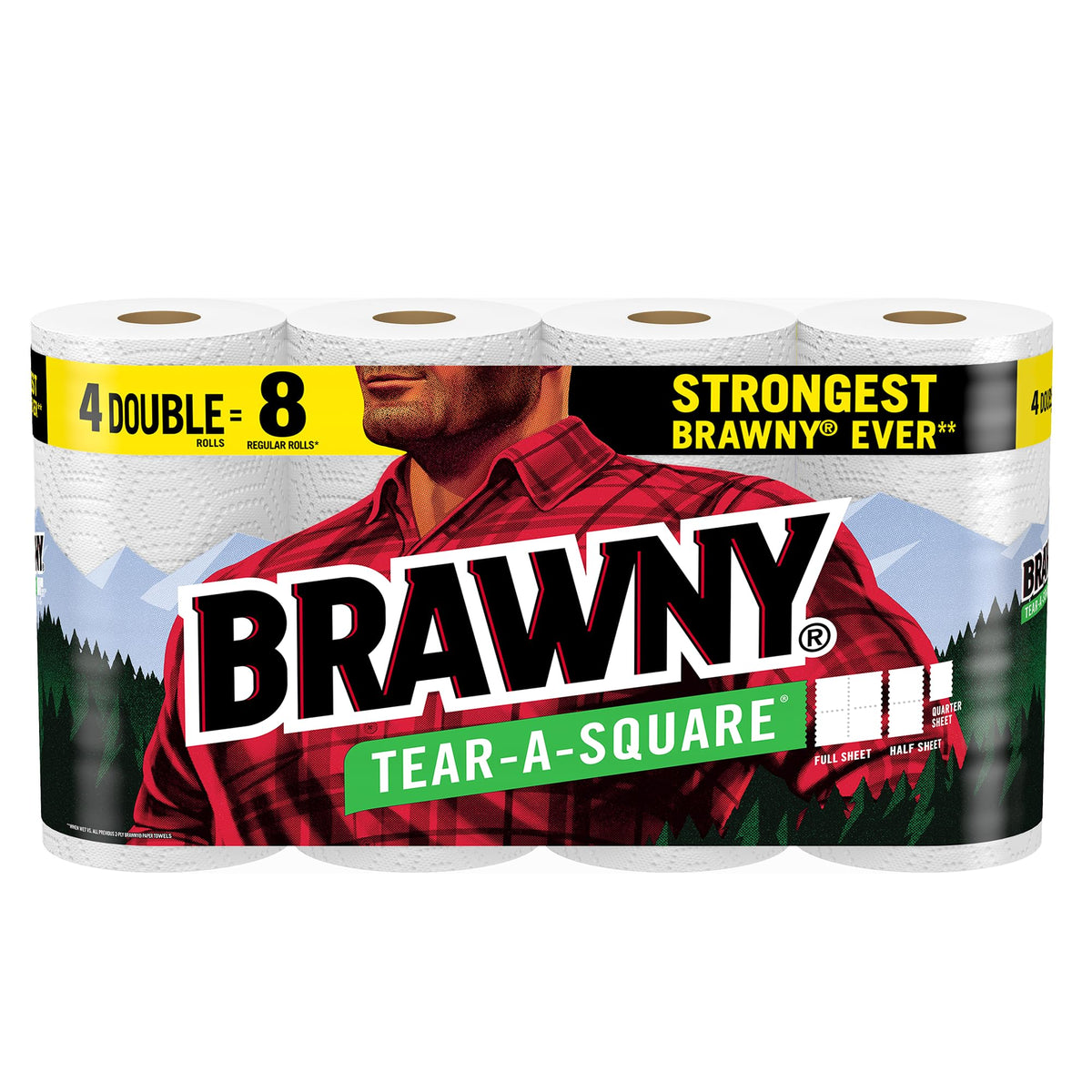 Brawny Tear-A-Square Paper Towels, 4 Double Rolls = 8 Regular Rolls