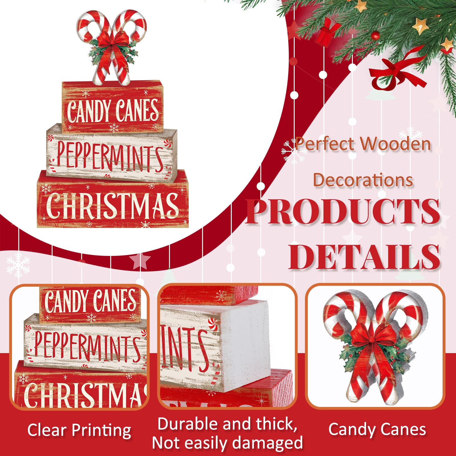 Moucuny 4 Pcs Christmas Candy Cane Table Decor Christmas Wooden Decorative Signage Red and White Stripes Candy Cane Xmas Tiered