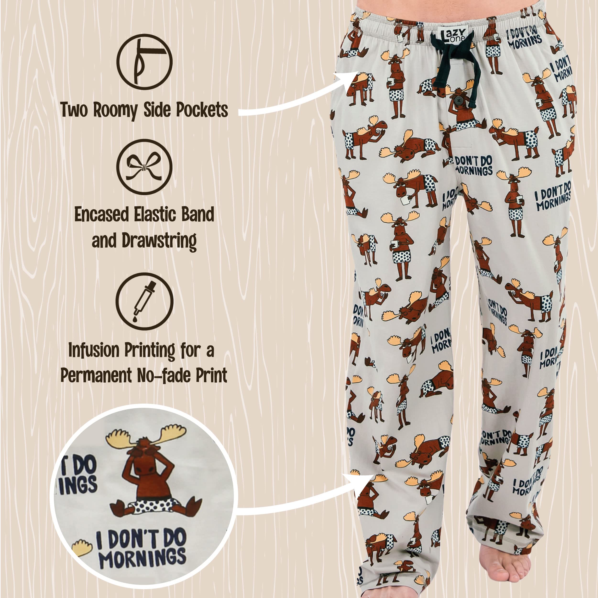 Lazy One Animal Pajama Pants For Men, Mens Separate Bottoms, Lounge Pants, Moose (Dont Do Mornings, Small)