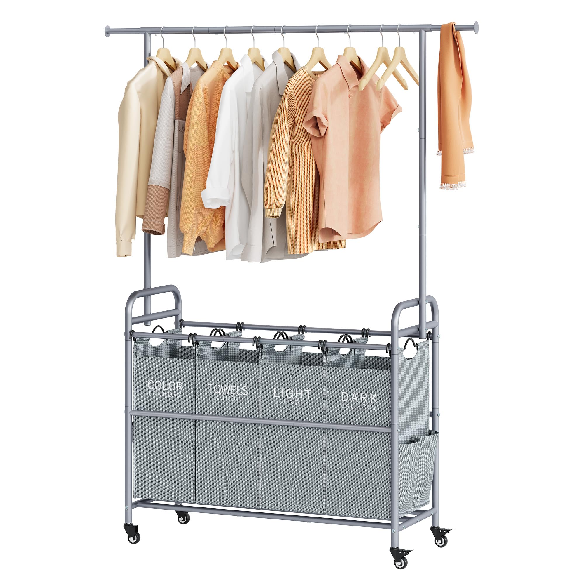 Tajsoon Laundry Sorter With Hanging Bar, 4 Section Rolling Laundry Hamper With Heavy Duty Lockable Wheels, Laundry Sorter Cart F