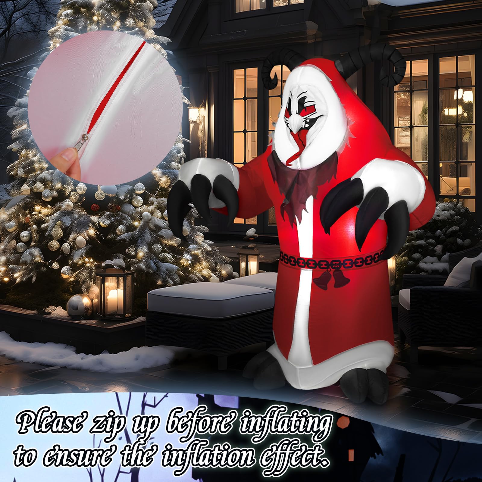 Hollowfly 6ft Christmas Krampus Inflatable Decoration - LED Light, Red/Gray/White, Outdoor Yard Decor, Model DUC-Hollowfly-3578