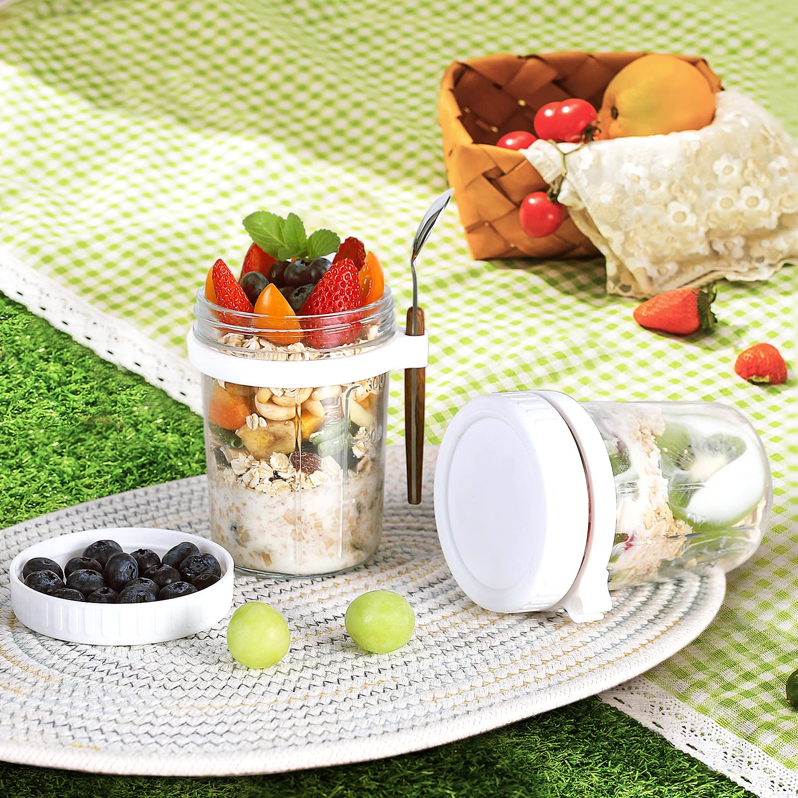 Xigugo Overnight Oats Jars, Overnight Oats Container With Lid And Spoon, 16 Oz Cereal, Milk, Vegetable And Fruit Salad Storage C