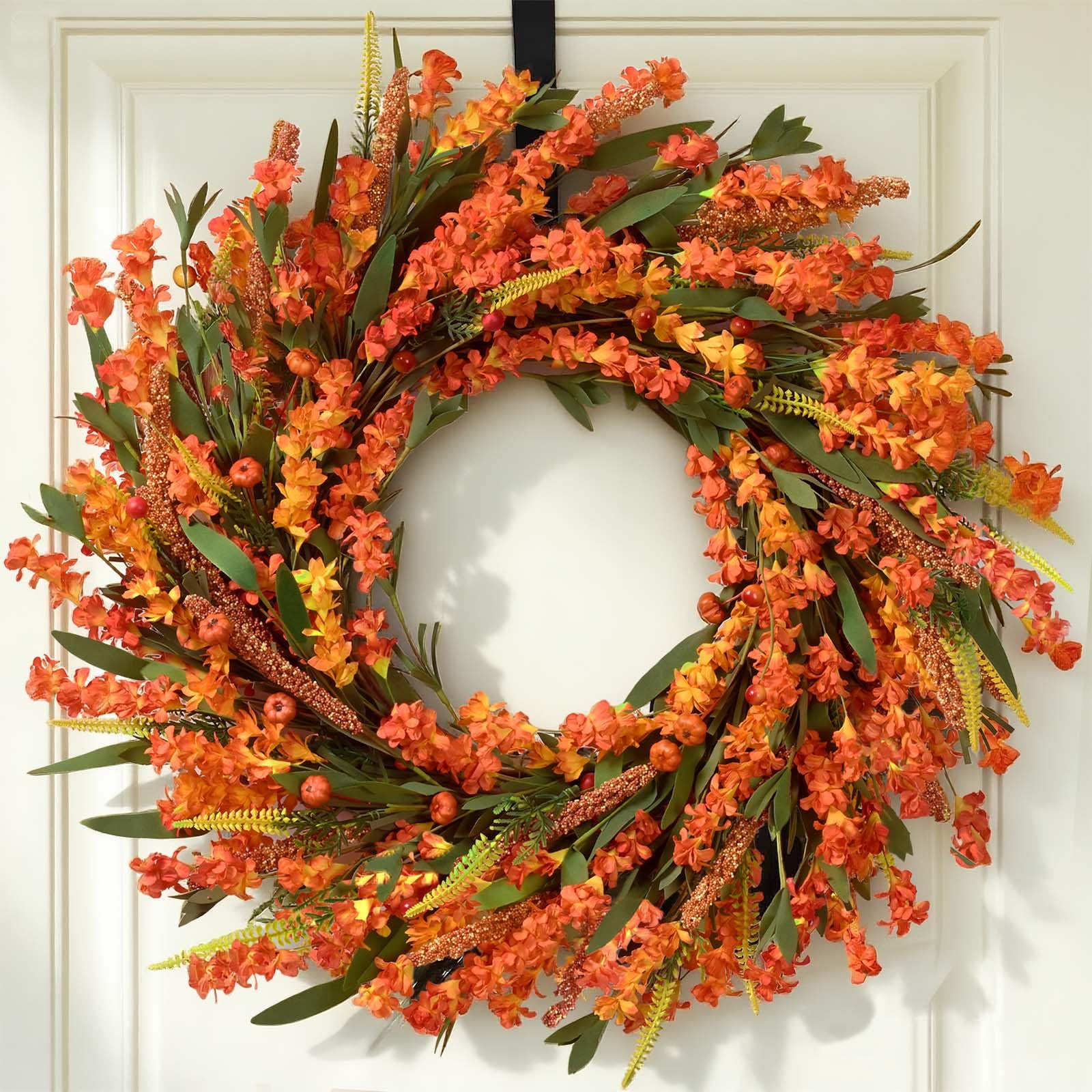 Waipfaru Fall Wreaths for Front Door Outside, 22 Inch Autumn Wreath with Orange Yellow Forsythia Flower Pumpkin, Autumn Decorati