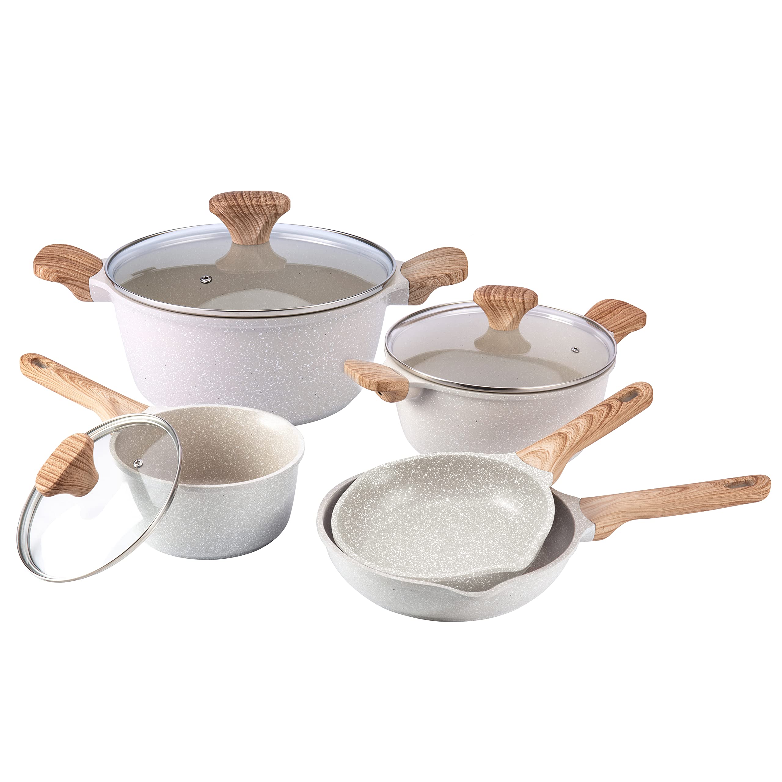 Country Kitchen Non-Stick Cast Aluminum Cookware Set - Durable Kitchen Cookware for Everyday Cooking, Speckled Cream, 8 Pc.