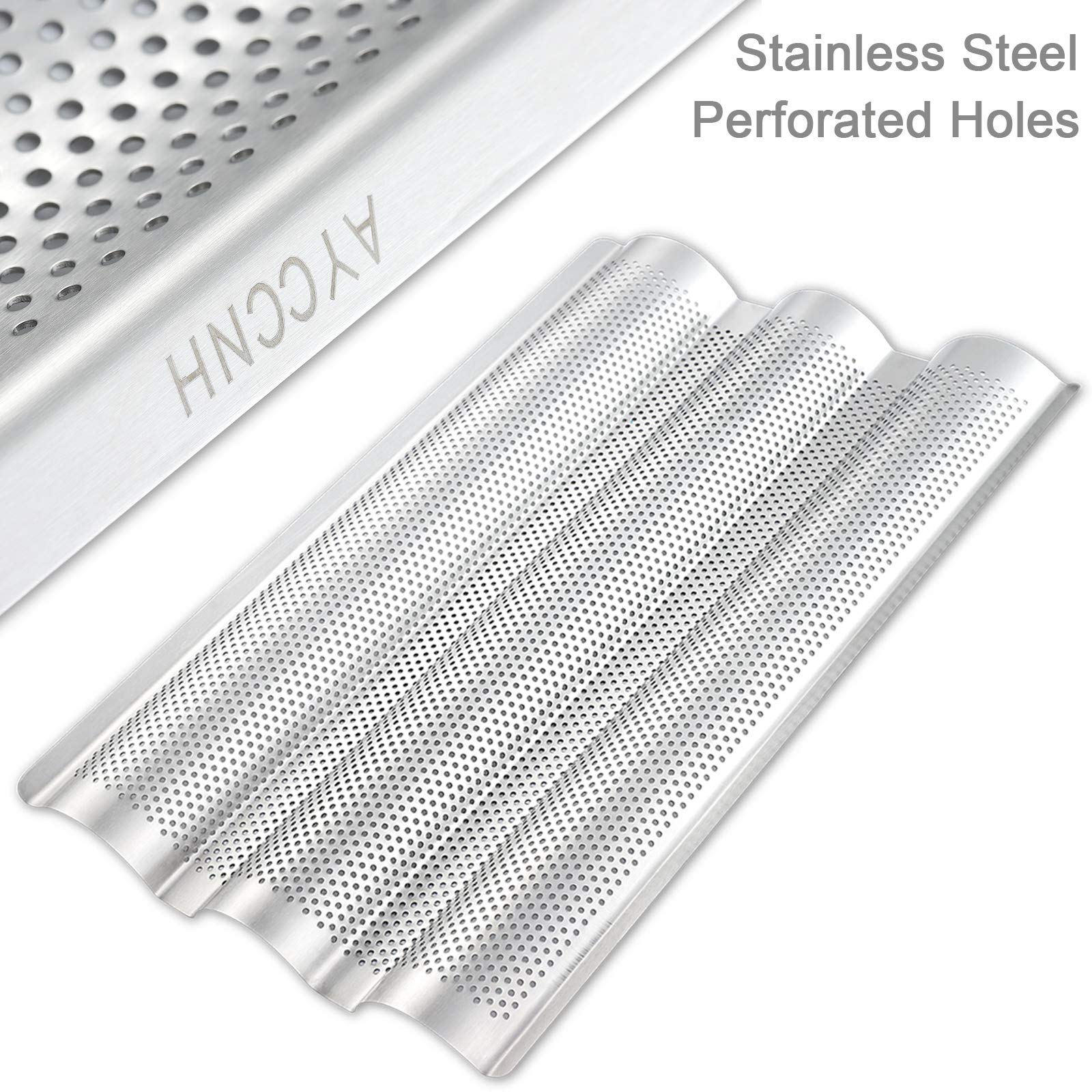 Ayccnh Stainless Steel French Baguette Bread Pan, Perforated Loaf Pans For Baking 15''X10'', 3 Waves Toaster Oven Baking Tray (1
