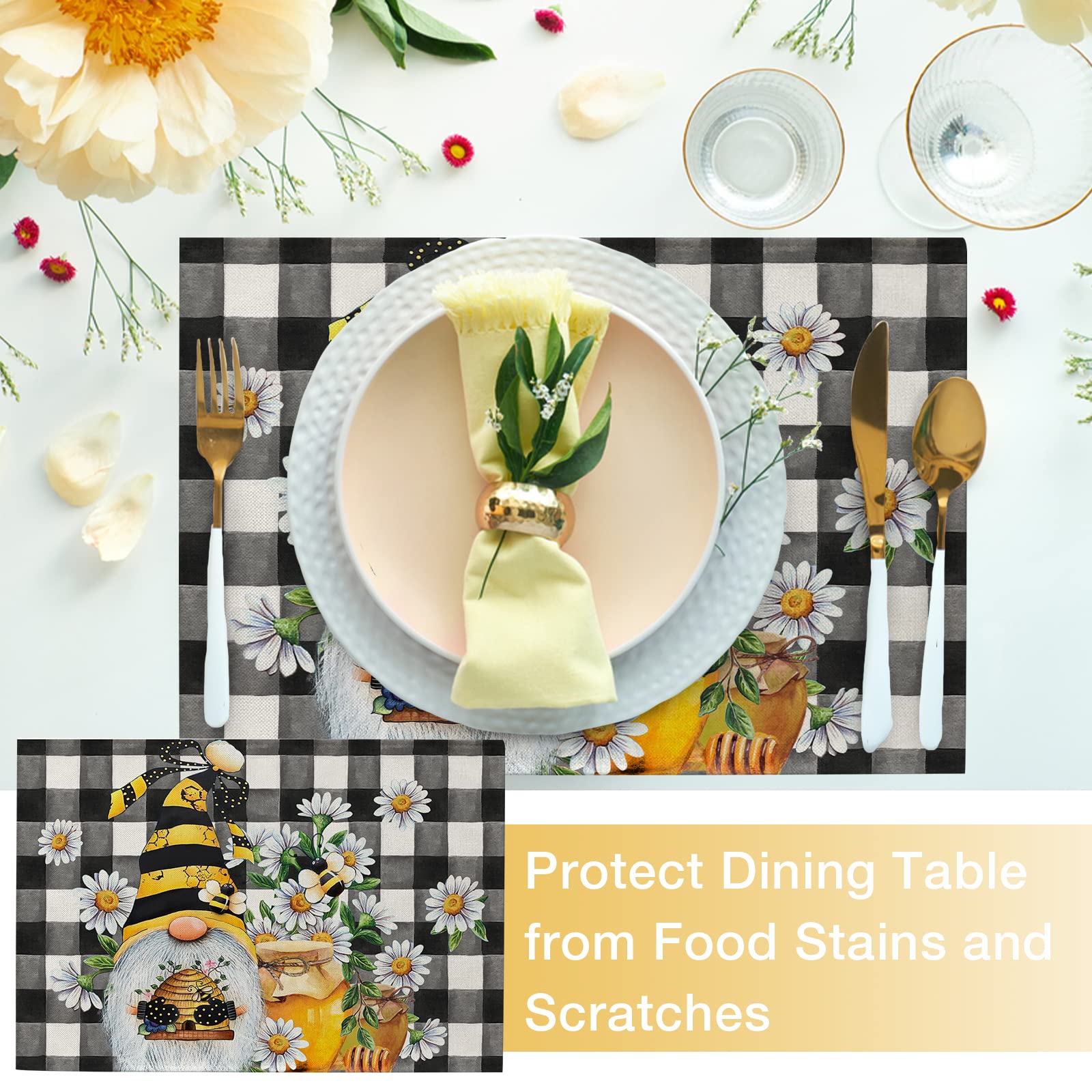 Seliem Spring Bee Gnome Daisy Placemats Set of 4  Honey Black White Buffalo Check Plaid Dining Table Place Mats  Summer Seasonal Farmhouse Kitchen Decor Home Decoration 12 x 18 Inch