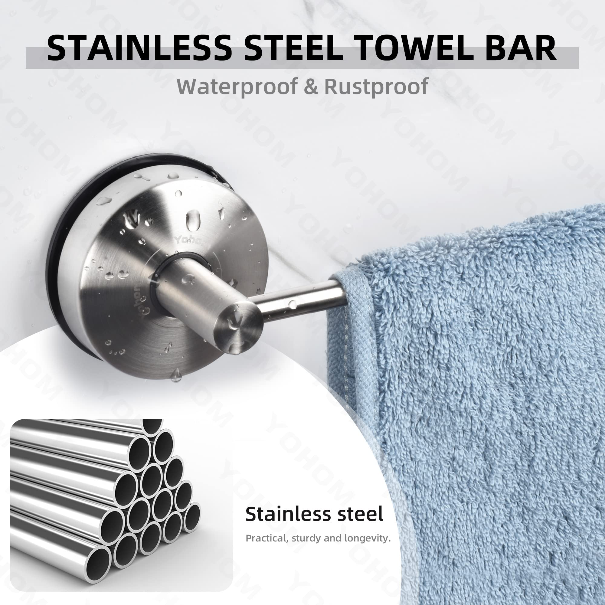 YOHOM Suction Cup Towel Bar for Shower 22 Inch Stainless Steel Bathroom Hand Towel Holder Suction Washcloth Holder Kitchen Towel Rack for Glass Shower Door Removable Towel Rod Rail Brushed Wall Mount