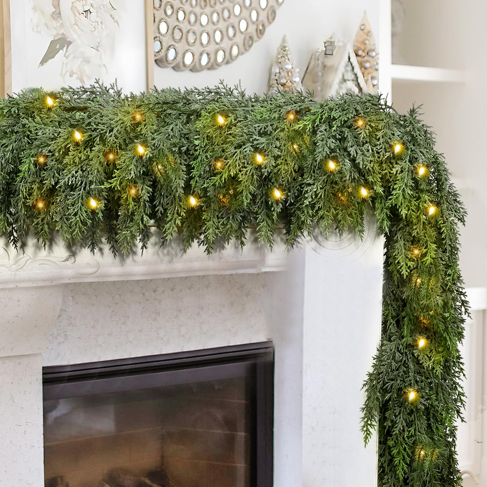 9FT Thick Pre-lit Christmas Garlands with 240 Cedar Branches, 50 Lights, Green Cedar Garland for Christmas Decorations, Artifici