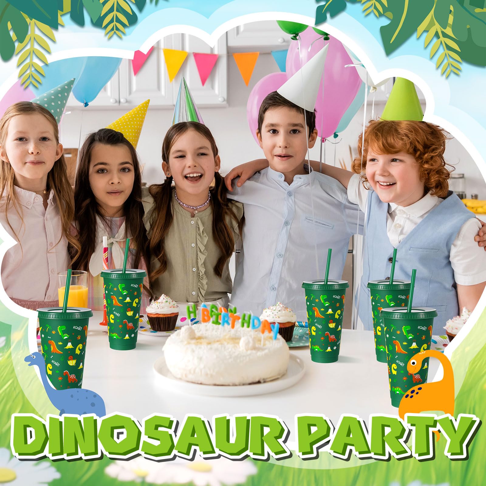 Uiifan 24 Pcs Plastic Dinosaur Cups for Kids 24oz Reusable Dino Tumbler with Lid and Straw Dino Party Favors Drinking Cups for K