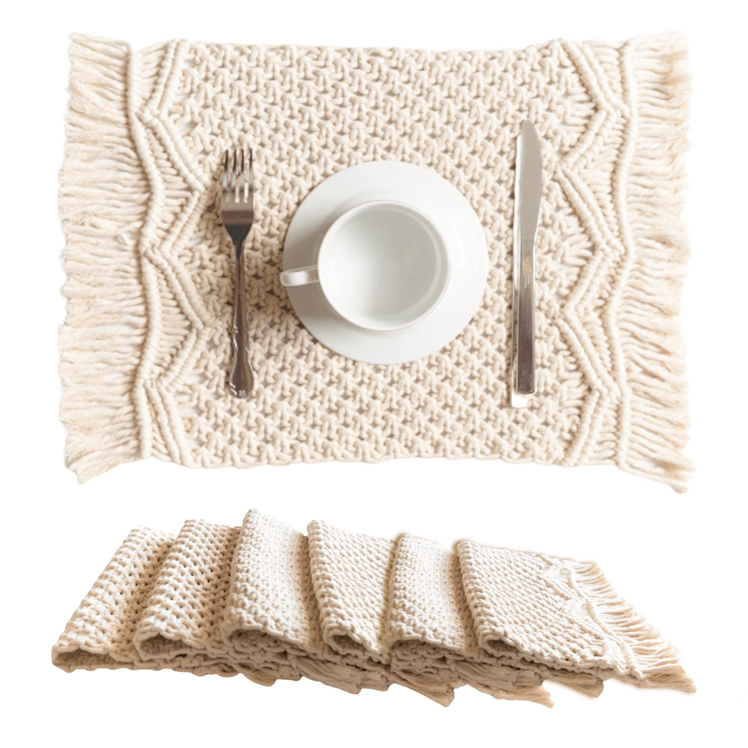 Snuglife Macrame Placemats Set Of 6 - Handmade Cotton Woven Boho Placemats - Modern Farmhouse Fringe Placemats For Dining Table,