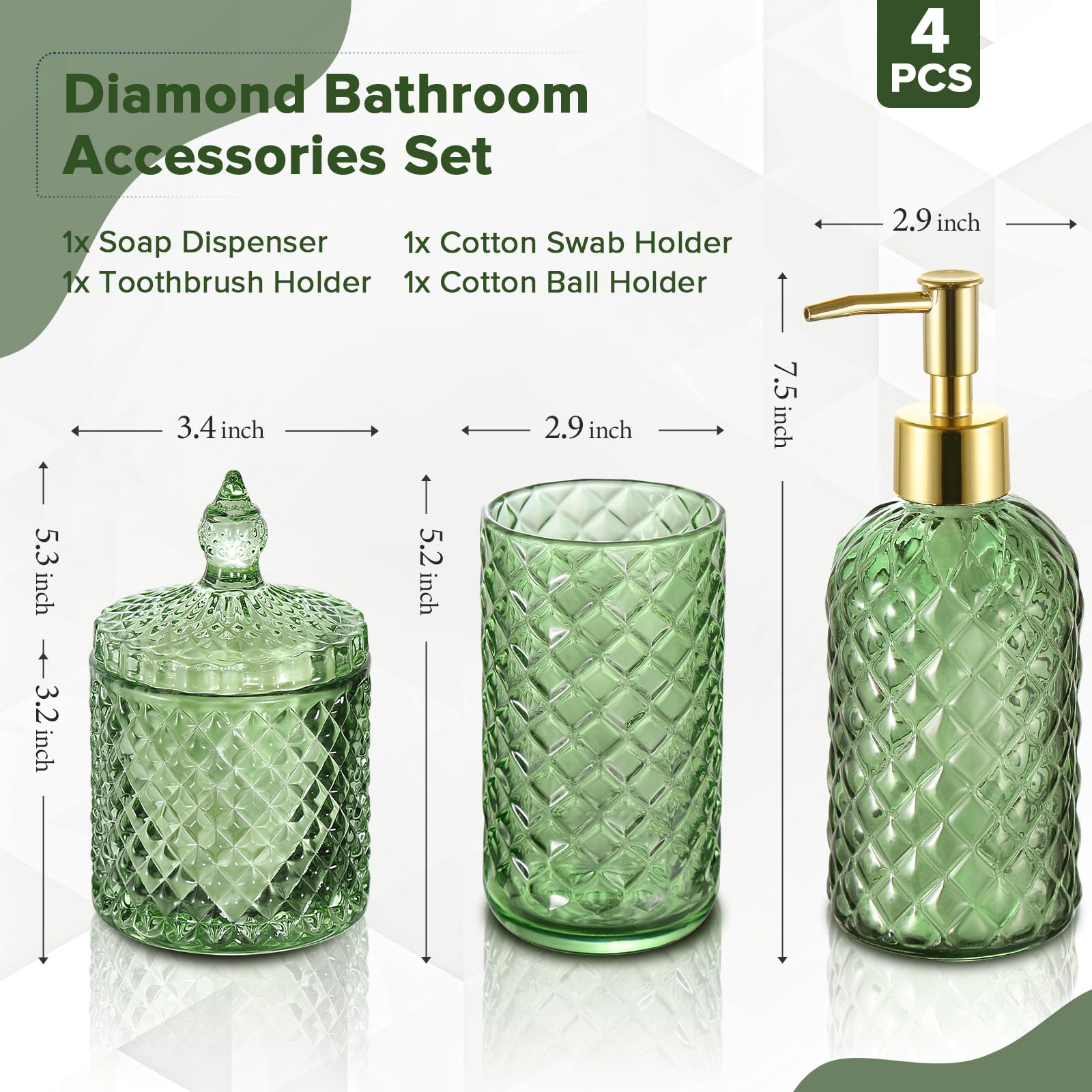 Rytoxilo Green Bathroom Accessories Set, 4 Pack Olive Green Bathroom Decor Accessory Sets Complete, Diamond Glass Soap Dispenser