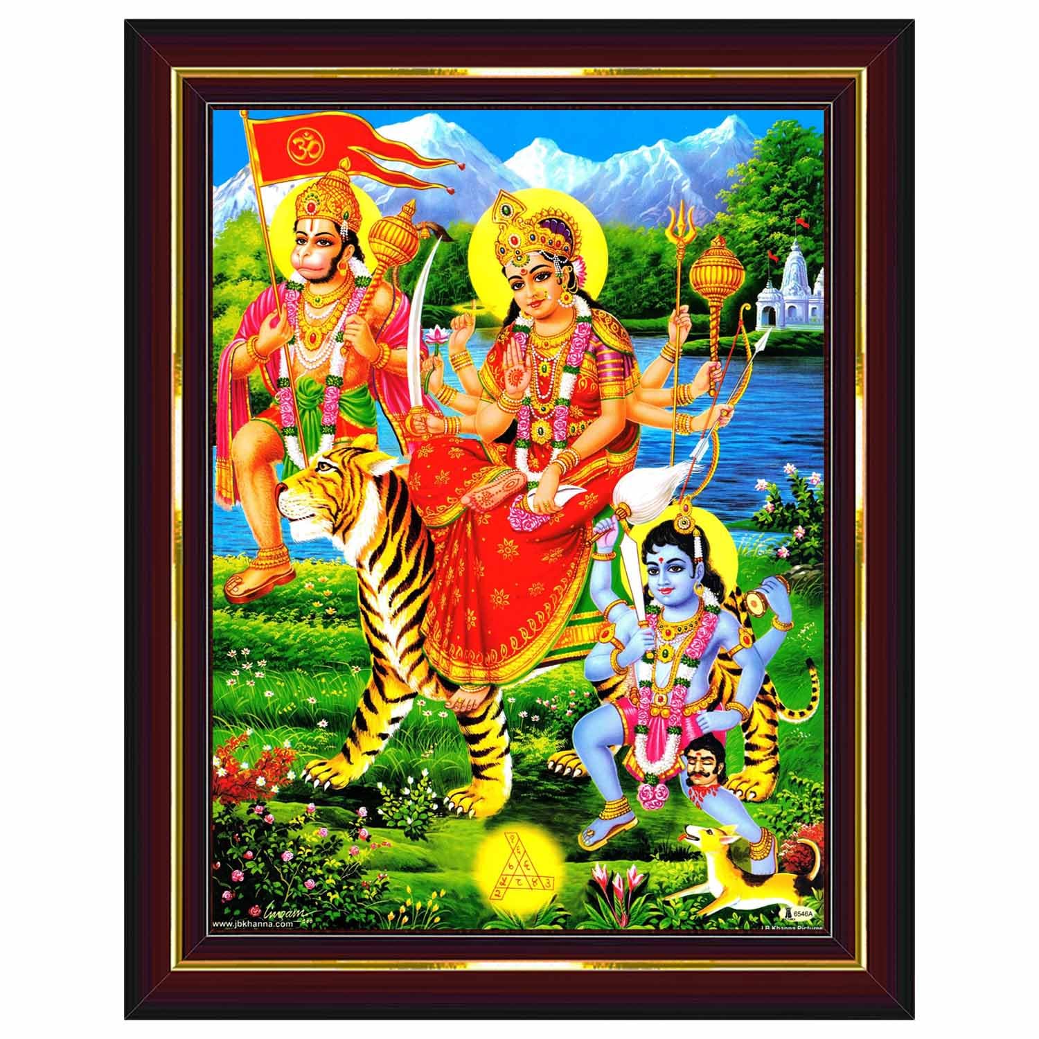 Pavan Photo Laminations Goddess Durga Devi Hanuman Kala Kaal Bhairav Wall Painting Framed Home Decor (Wood,Matte,Brown,Big Size,