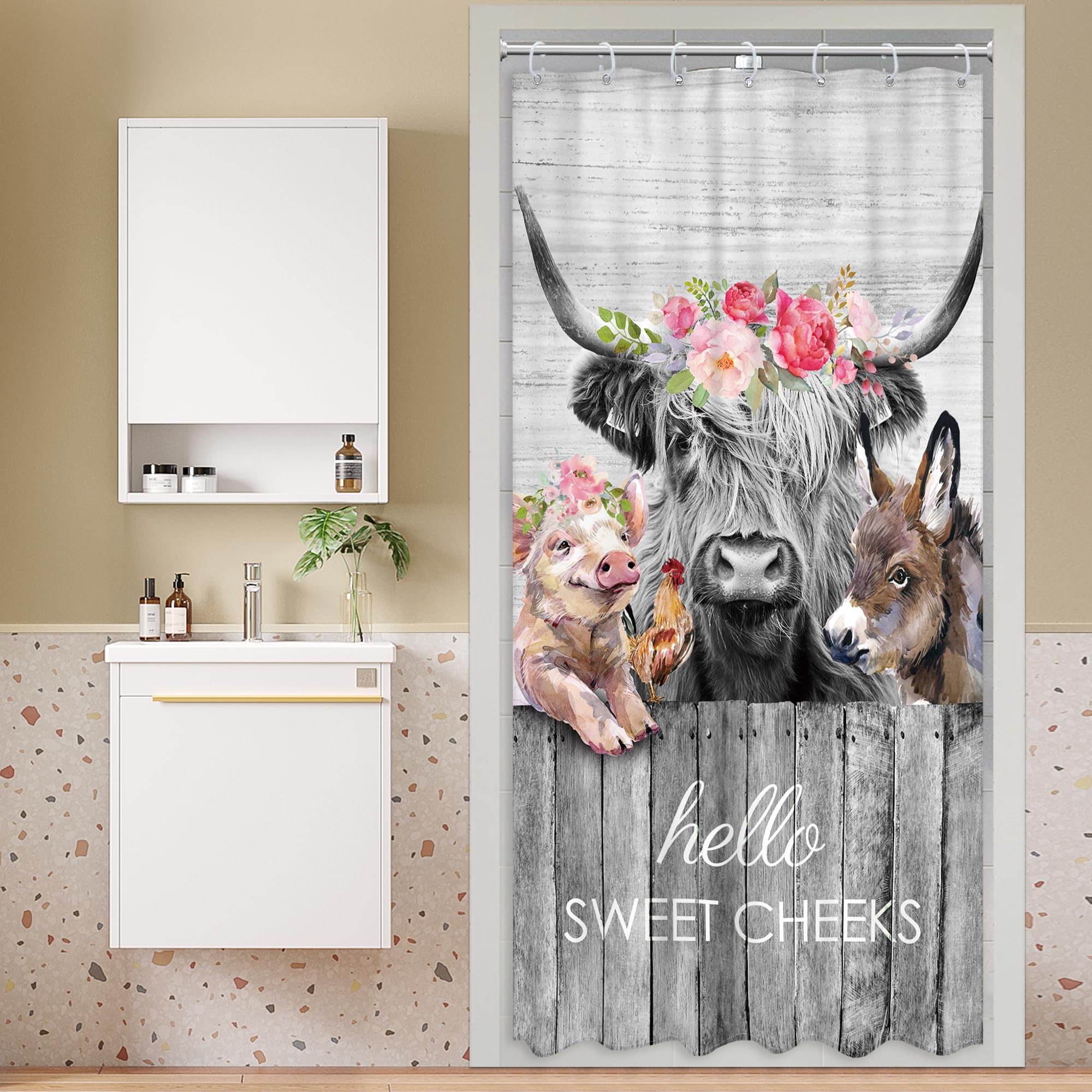 Newsely Small Stall Rv Farmhouse Highland Cow Shower Curtain 36Wx72H Inch Narrow Single Funny Rustic Western Animal Shower Curta