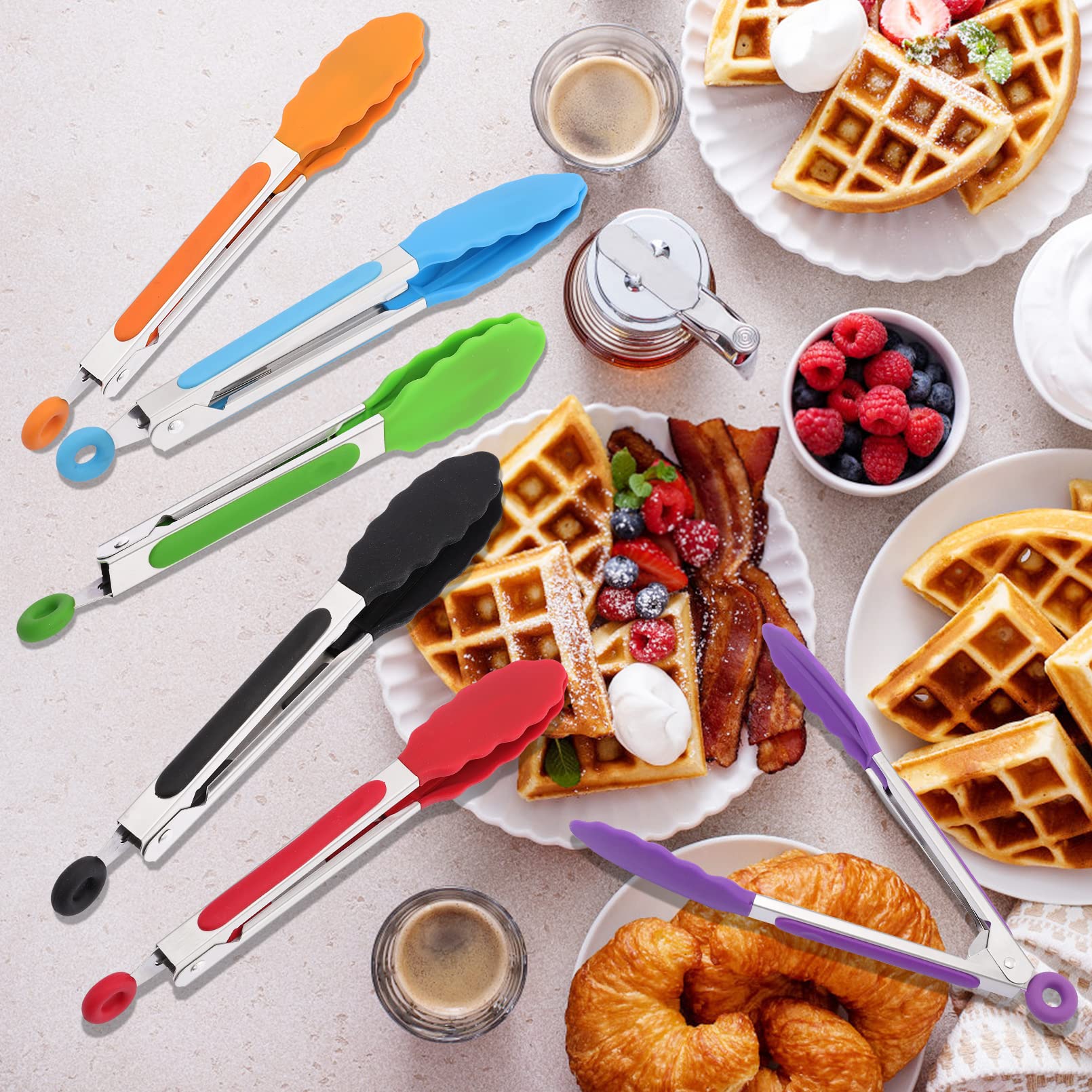 Nunesoke 6Pack Kitchen Tongs,7 Inch Small Silicone Tongs,Serving Tongs With Silicone Tips Sliding Rings,Food Tongs Stainless Ste