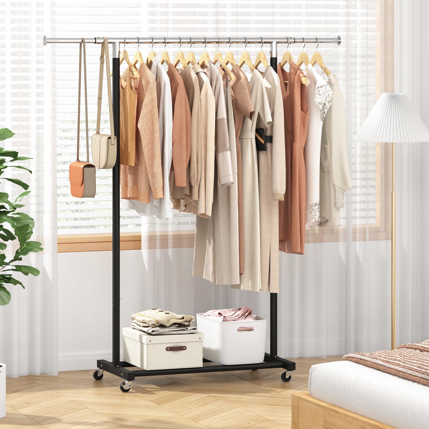 Jiuyotree Rolling Clothes Rack With Shelf Clothing Garment Rack With Wheels Width Adjustable Clothing Organizer For Hanging Clot