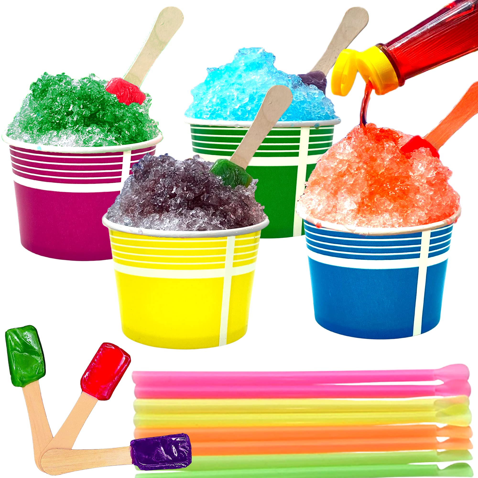 140 Piece Multi-Colored Snow Cone/Shaved Ice Kit - Includes 40 (12Oz) Yellow, Pink, Green And Blue Cups, 50 Candy Spoons, And 50