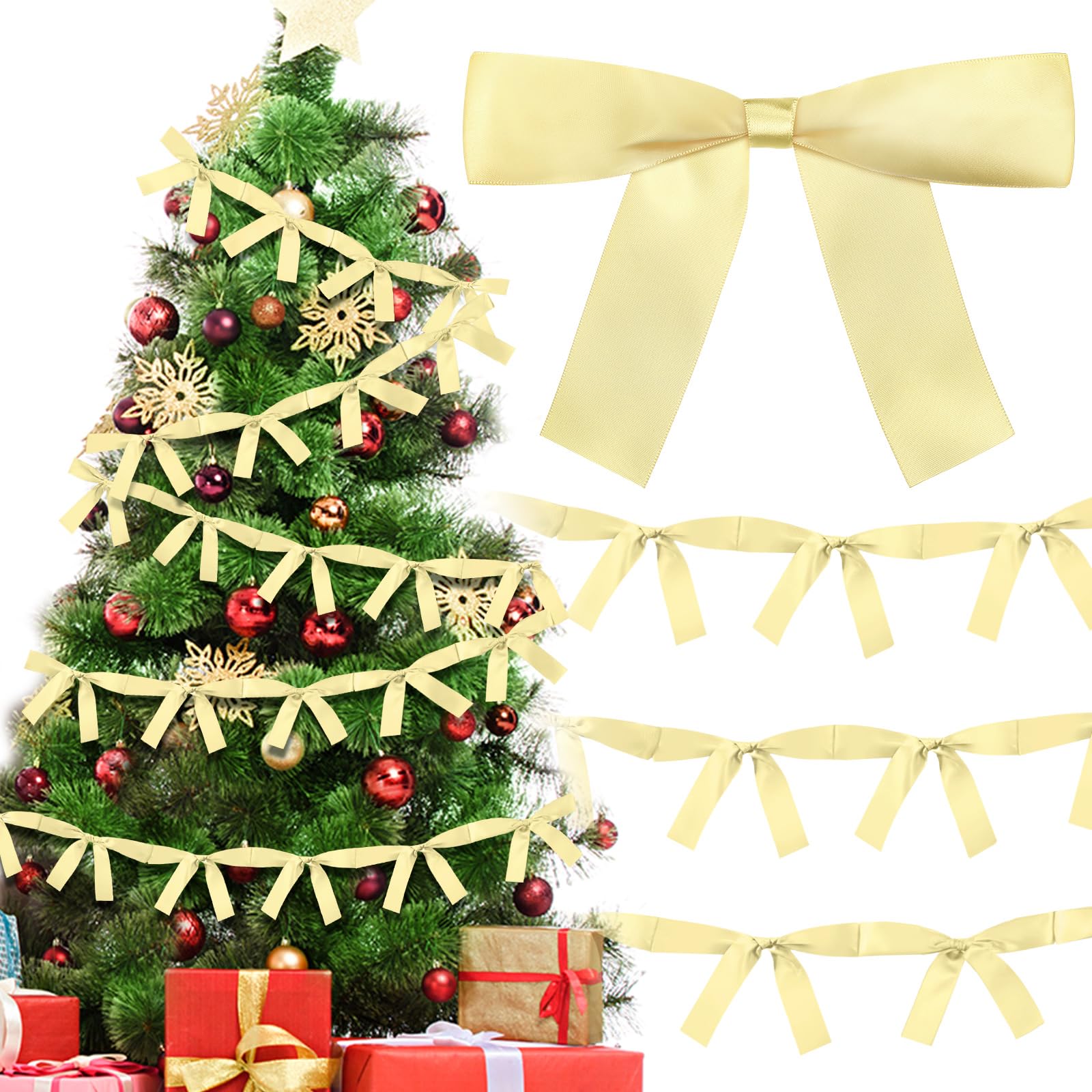 Trandraft 2 Pcs Christmas Bow Garland Banner 16.4 ft Pre-Assembled Gold Satin Bows Ornaments Christmas Bows Hanging Decors for R