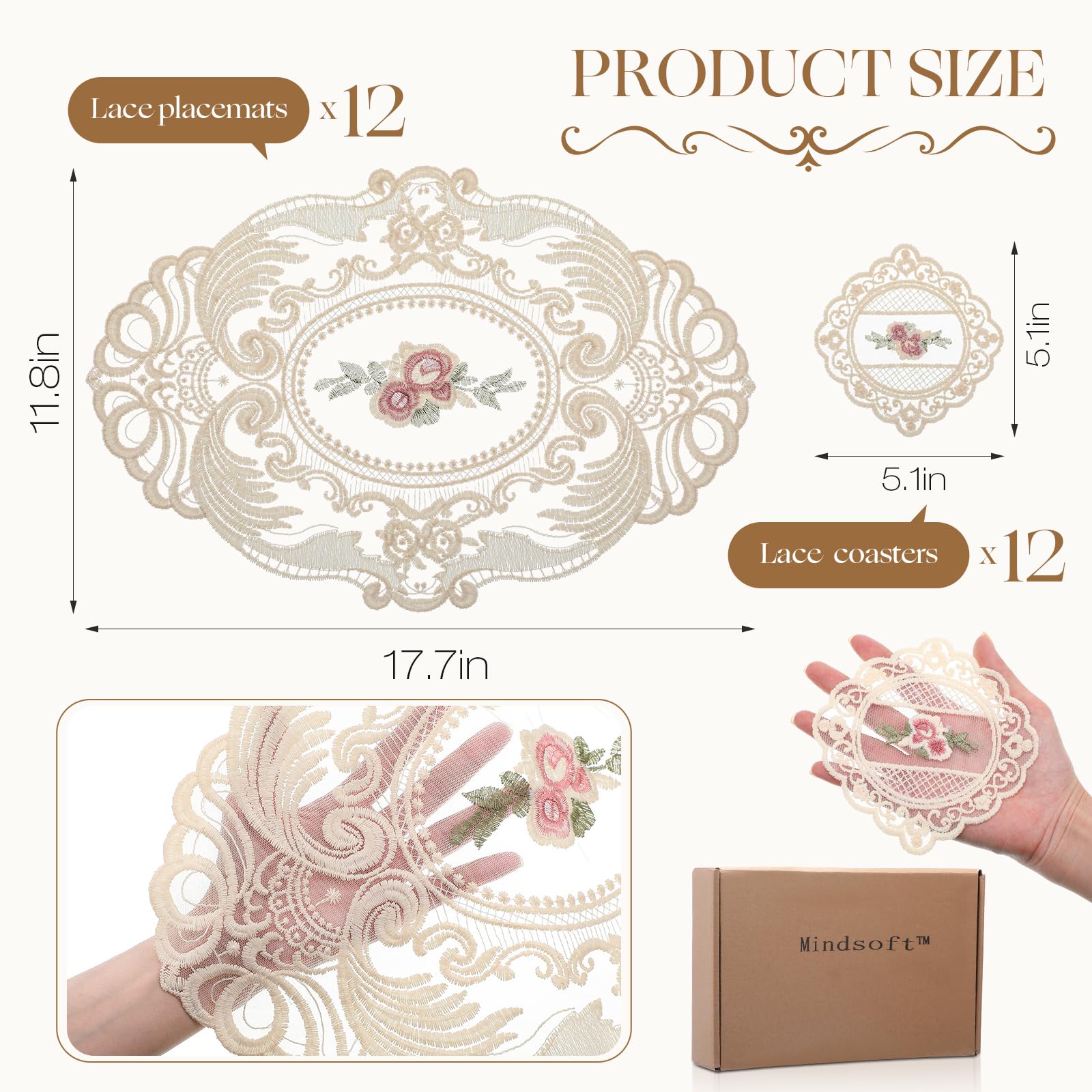 Mindsoft 24 Pcs Lace Placemats And Lace Coasters Vintage French Style Cloth Doilies Crochet Coasters Embroidered Lace Doilies Cu