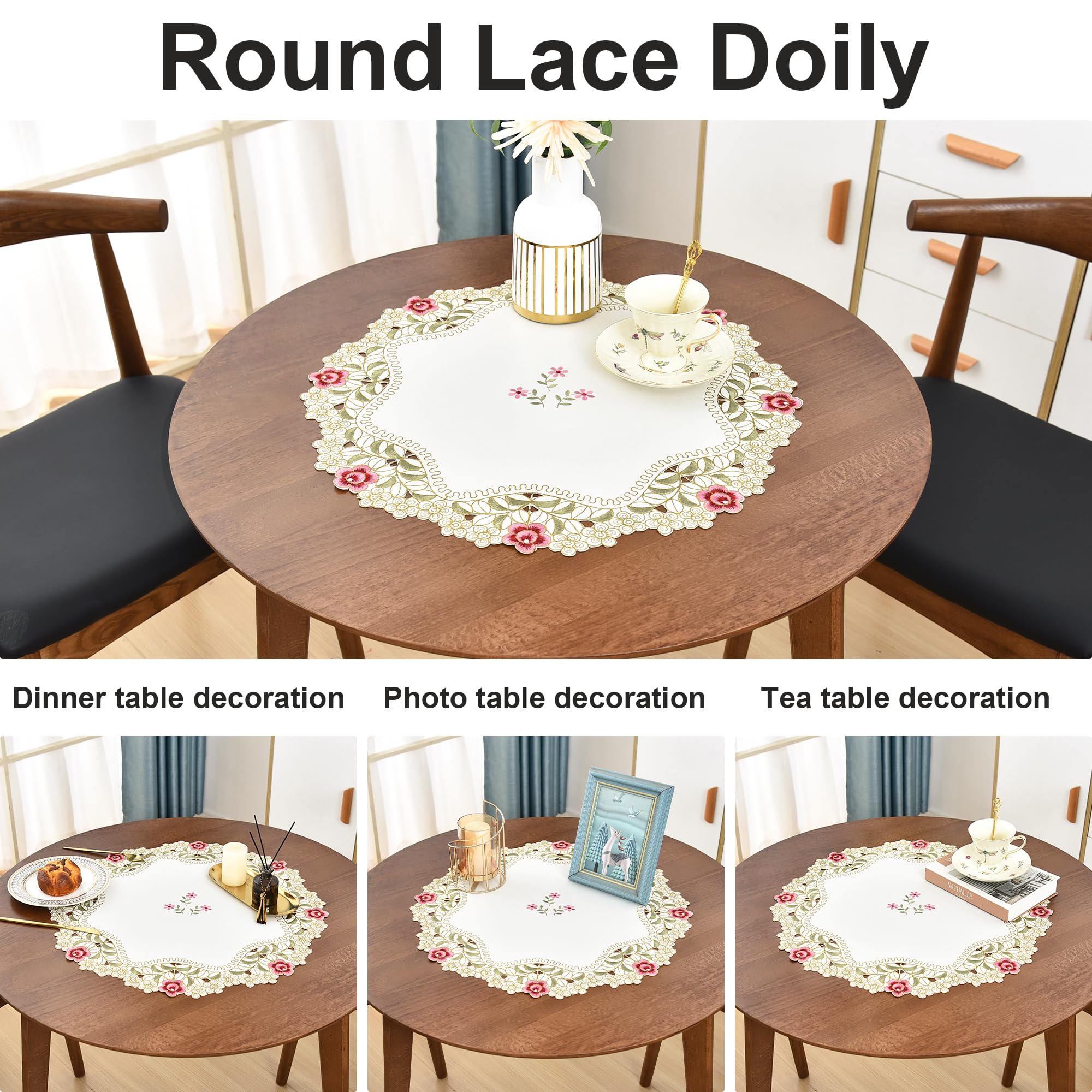 Wolkemer 2 Pack Round Lace Place Mats, 20 Inch Vintage Beige Table Toppers, Polyester for Coffee & Wedding Dinning