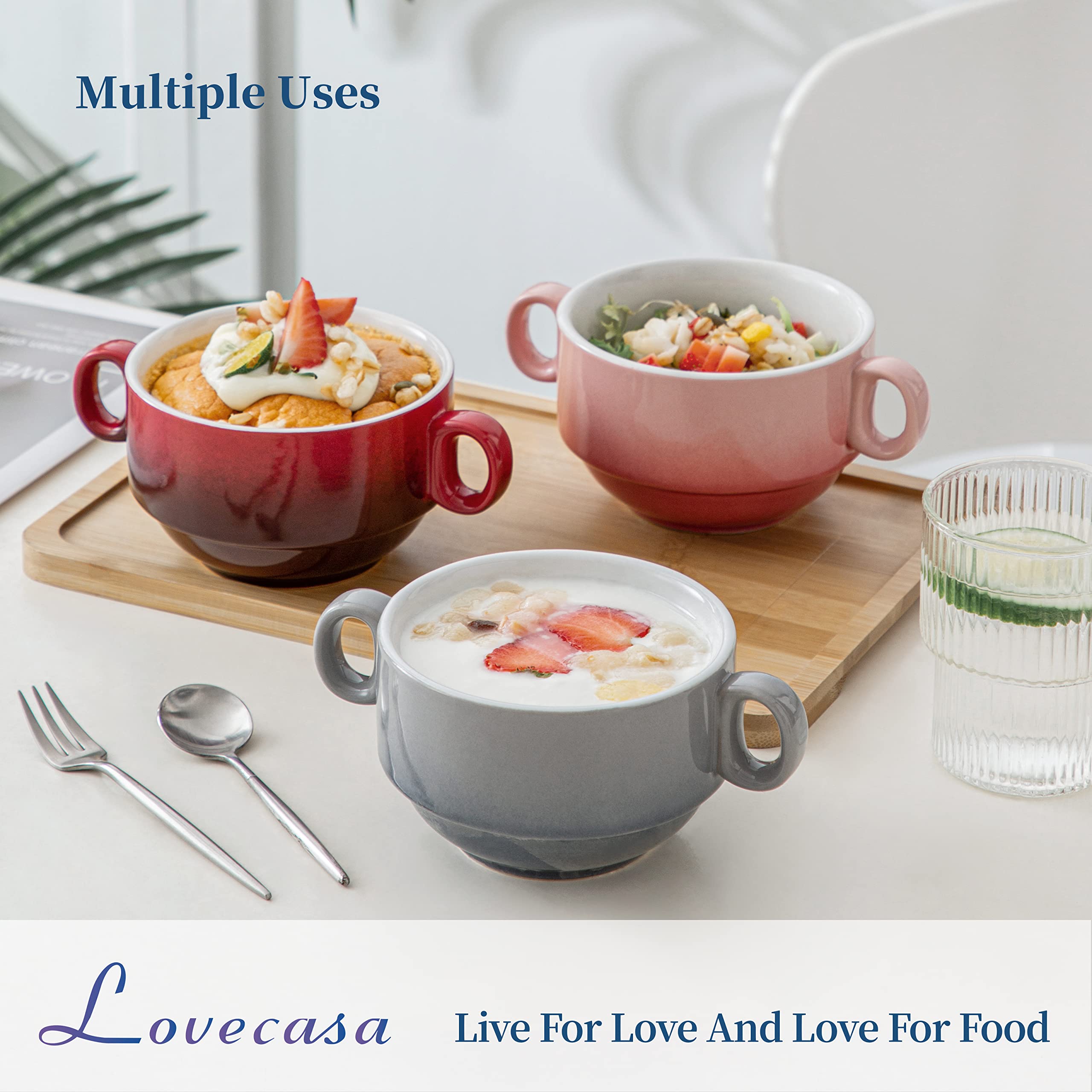 LOVECASA Multi-Color Soup Bowls with Handles  Small Ceramic French Onion Soup Bowls  13 OZ Soup Mugs Serving Bowls for Kitchen  Microwave & Dishwasher Safe  Set of 6