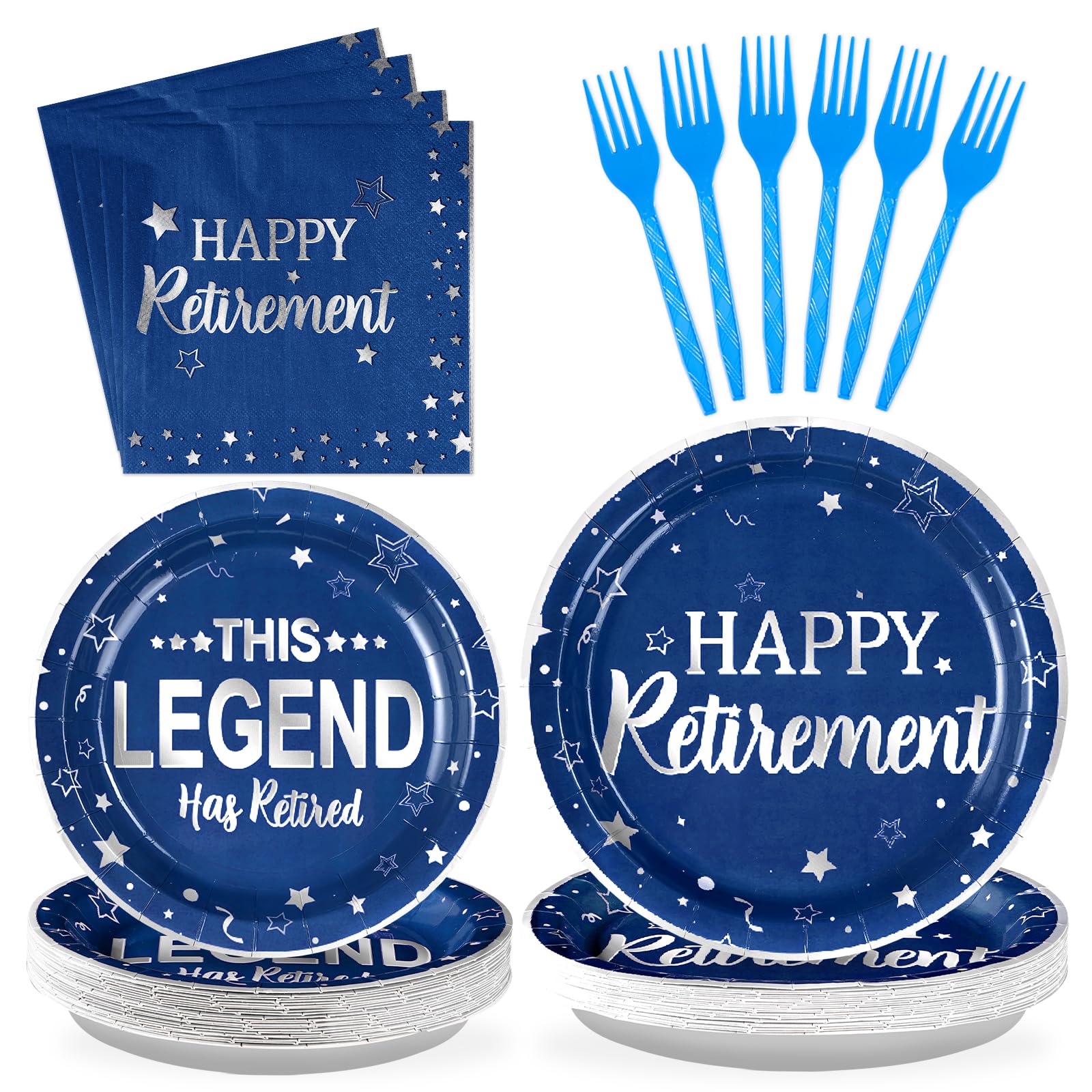 Grencian 96 Pcs Retirement Party Supplies Blue and Silver Happy Retirement Plates and Napkins Disposable Heavy Duty Retired Pape
