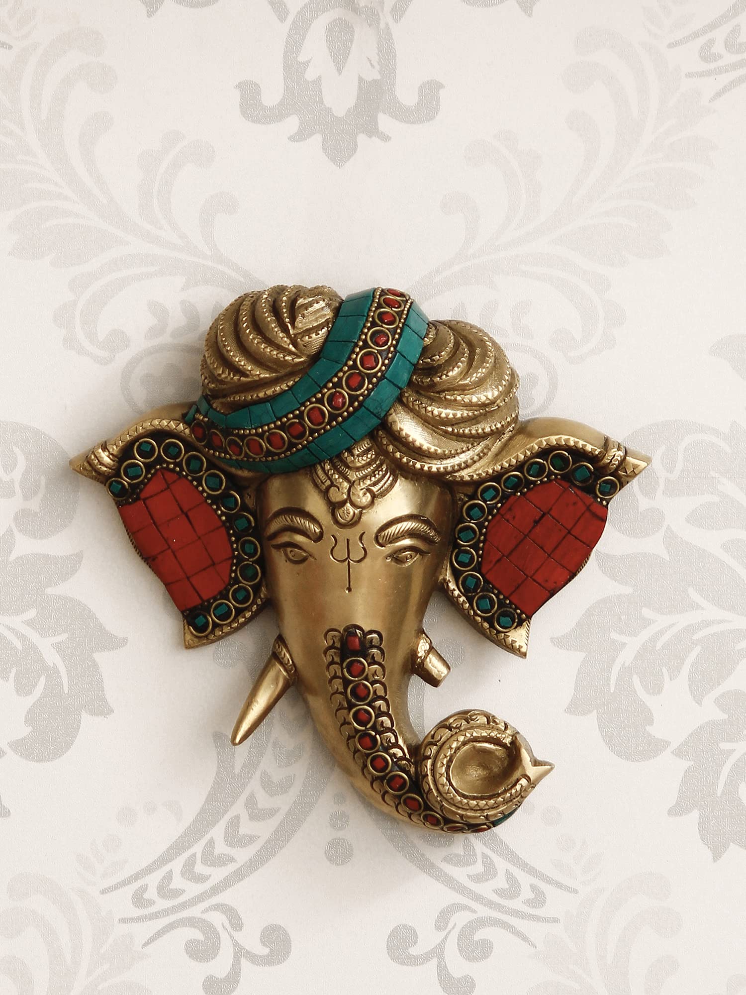 Ecraftindia Golden Colorful Stone Work Brass Phagdi Lord Ganesha Wall Hanging Decorative Items | Home Decor Items Ganpati Wall H
