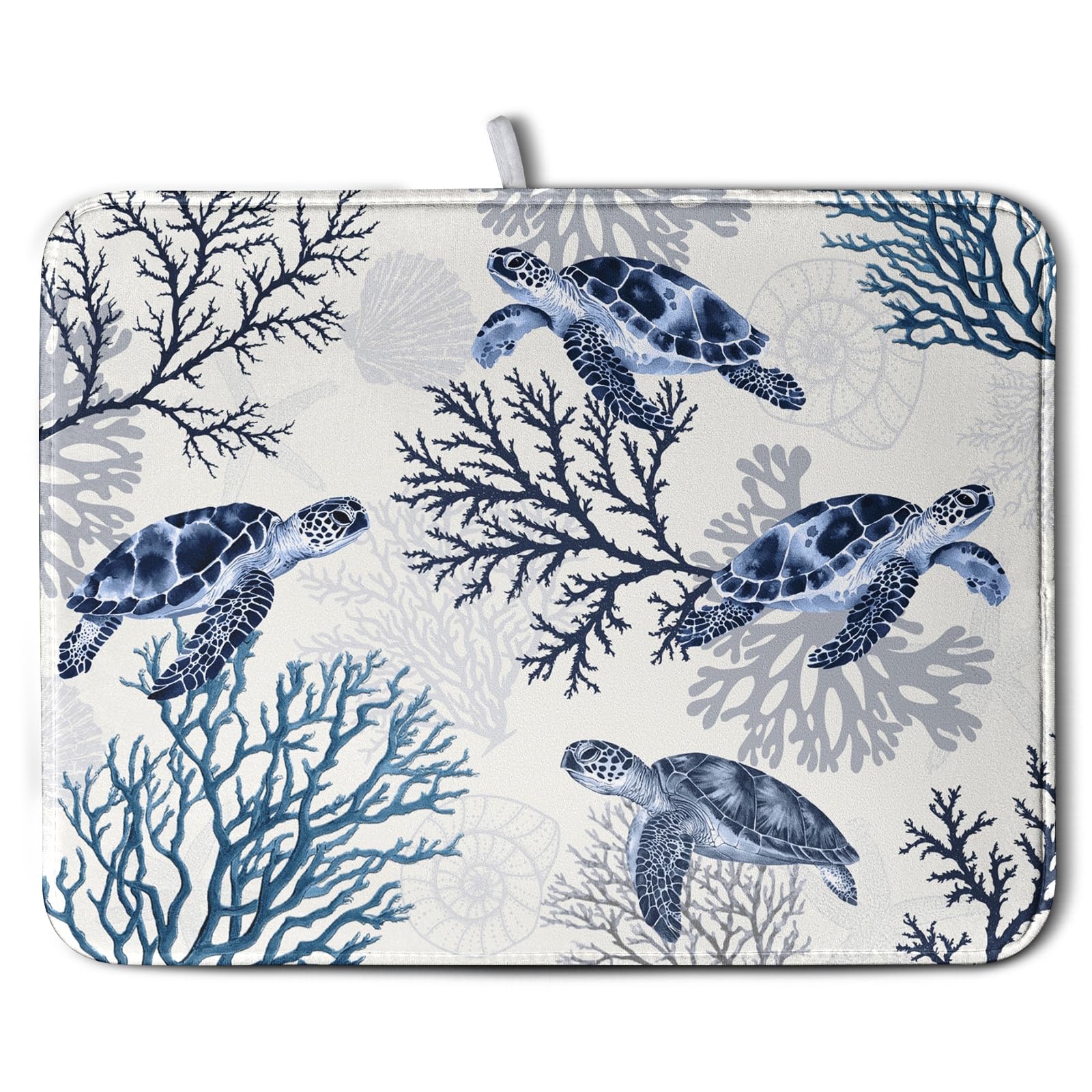 Summer Nautical Coastal Dish Drying Mat for Kitchen Counter Ocean Coral Sea Turtle Drying Rack Mats Beach Blue Dishes Drainer Ma
