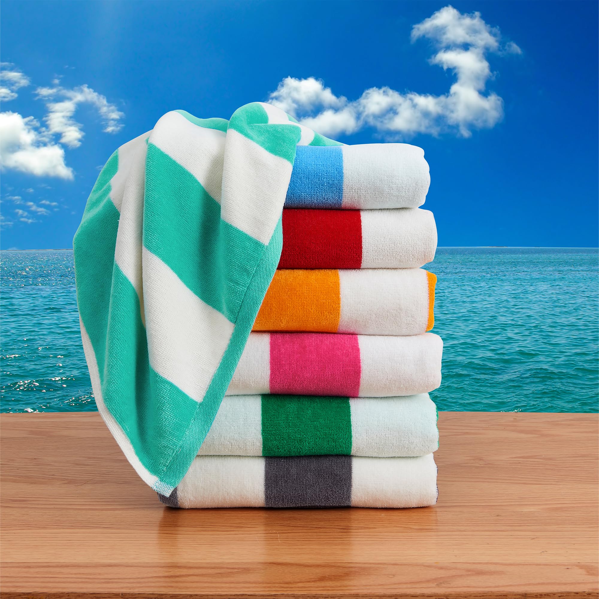 Great Bay Home 100% Cotton Velour Oversized Beach Towel | Blue Cabana Stripe Pool Towels | Quick Dry, Large Swim Towels For Adul