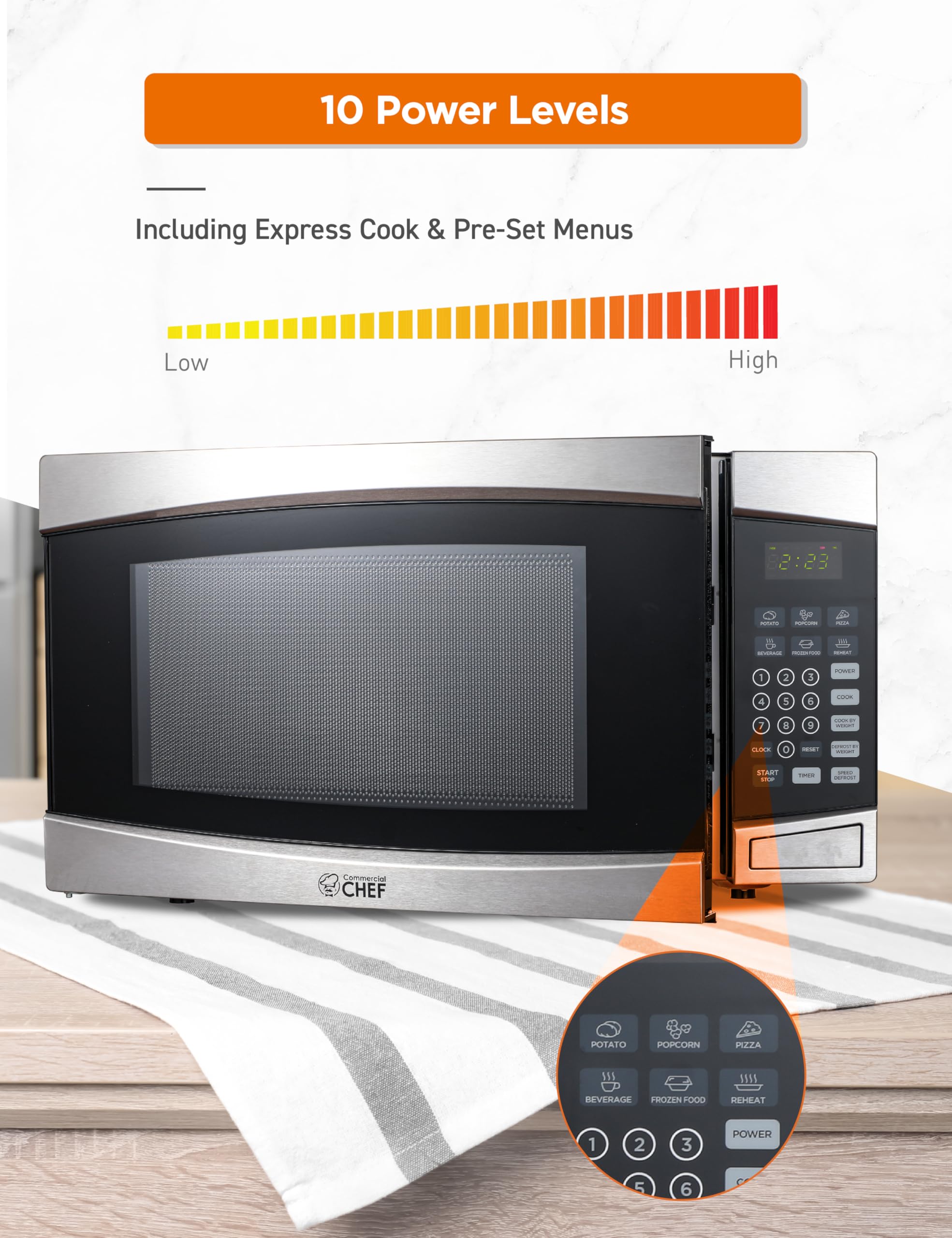 Commercial Chef 1.4 Cubic Foot Microwave With 10 Power Levels, Small Microwave With Push Button, 1100 Watt Microwave With Digita