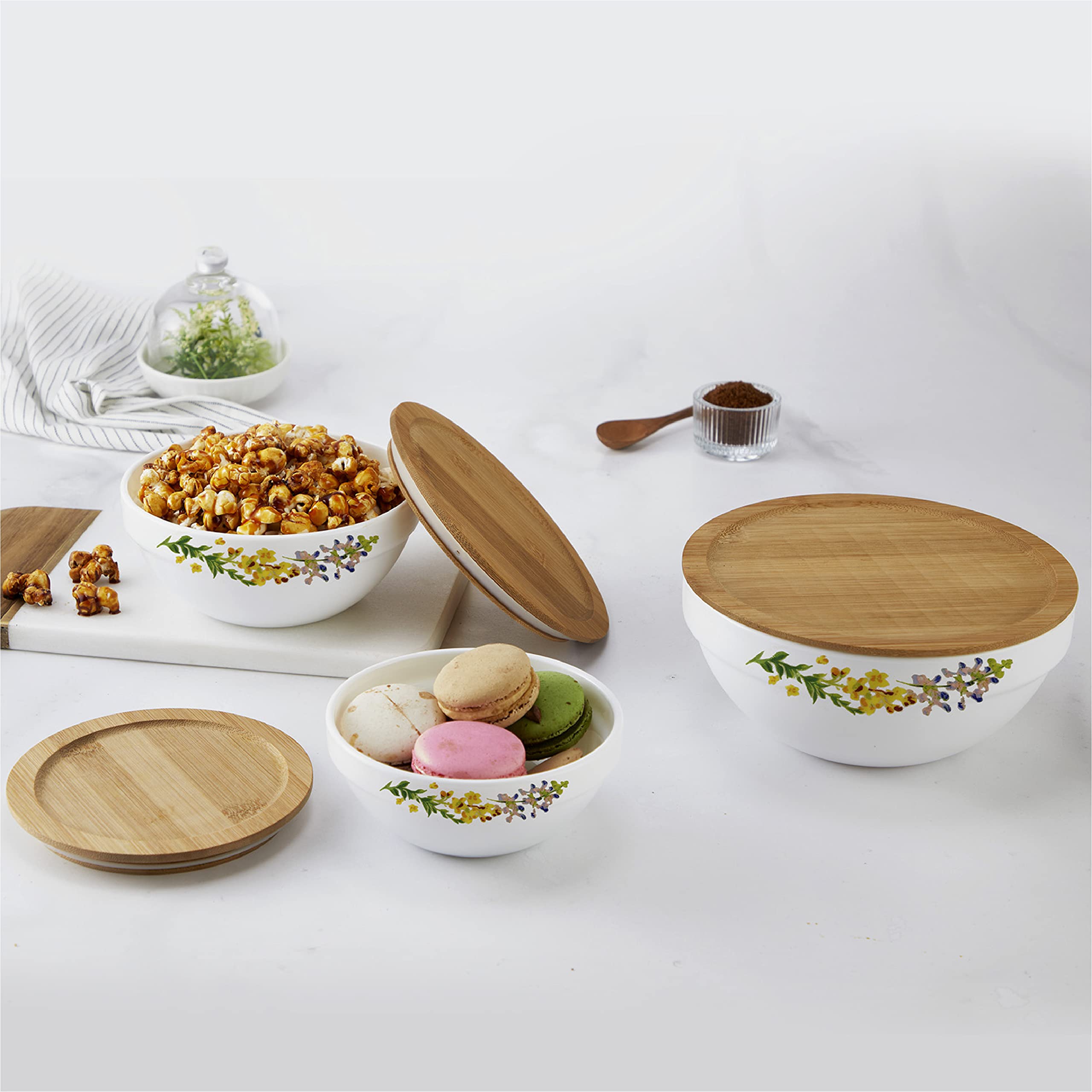 Cello Opalware Royale Mixing Bowl Set With Bamboo Lid - Botanica 500Ml, 1000Ml, 1500Ml, White, 3 Units
