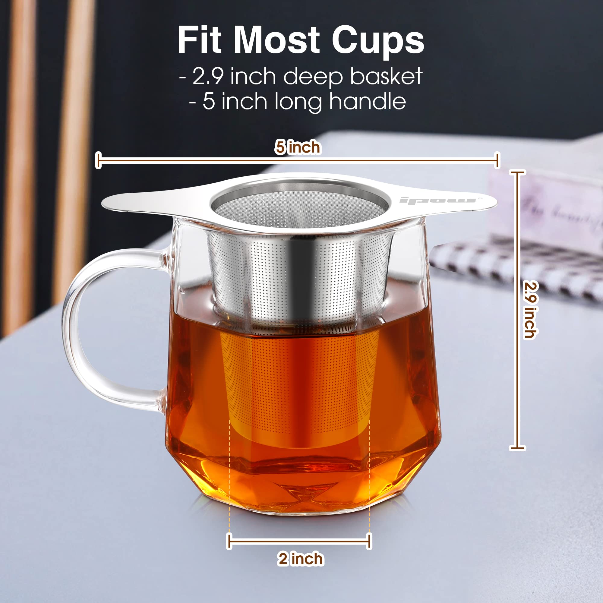 Ipow 2 Pack Extra Fine Mesh Coffee Filter With Coaster Lid And Double-Sided Handle, Micron Mesh Tea Infuser For Loose Tea, Food-