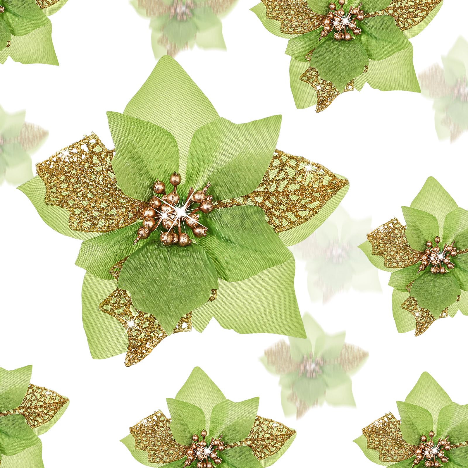 Boao 24 Pieces Christmas Artificial Glitter Poinsettia Flowers Xmas Flowers Wedding Christmas Tree New Year Ornaments(Green)