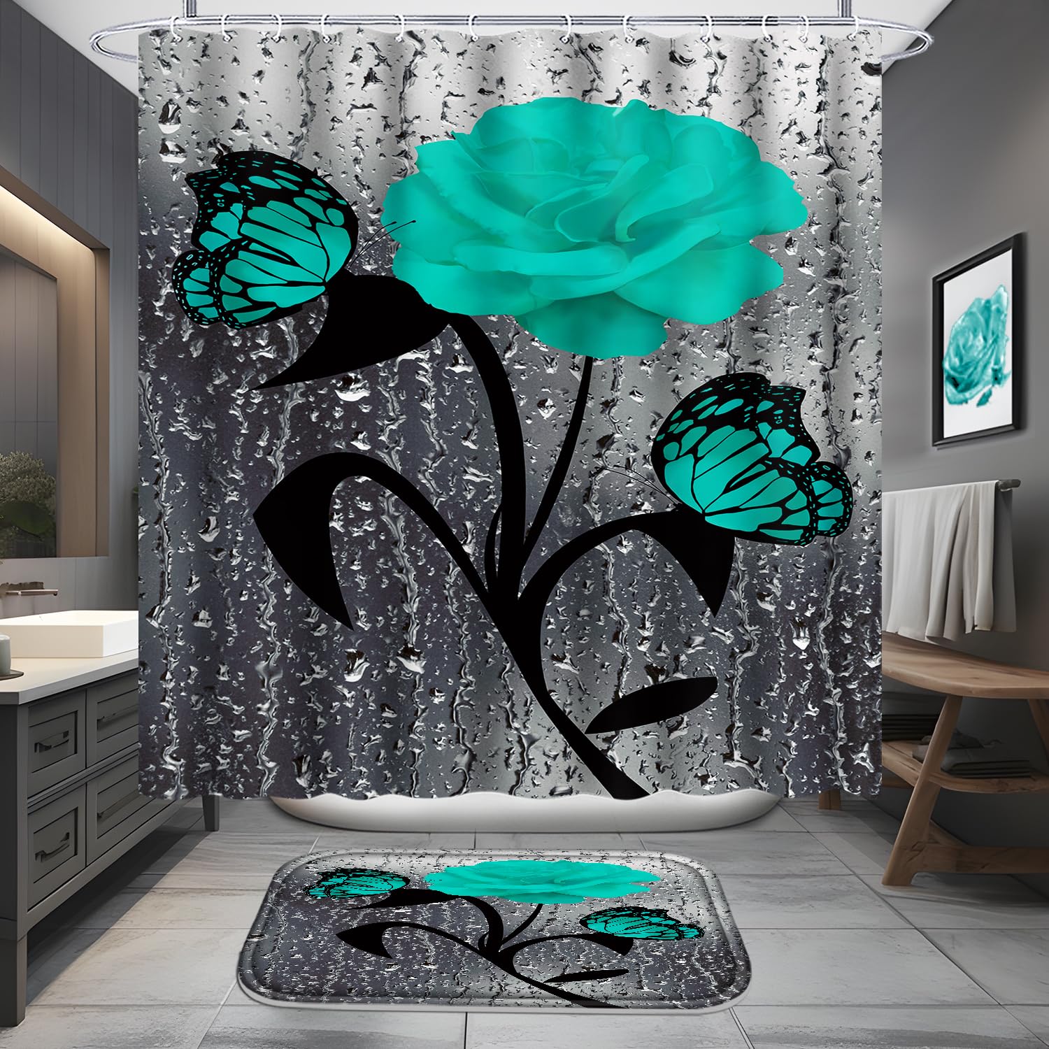 Poedist 4 Pcs Bathroom Set,Green Rose Shower Curtain Sets, Romantic Shower Curtain Sets With Rugs(Bath Mat,U Shape And Toilet Li