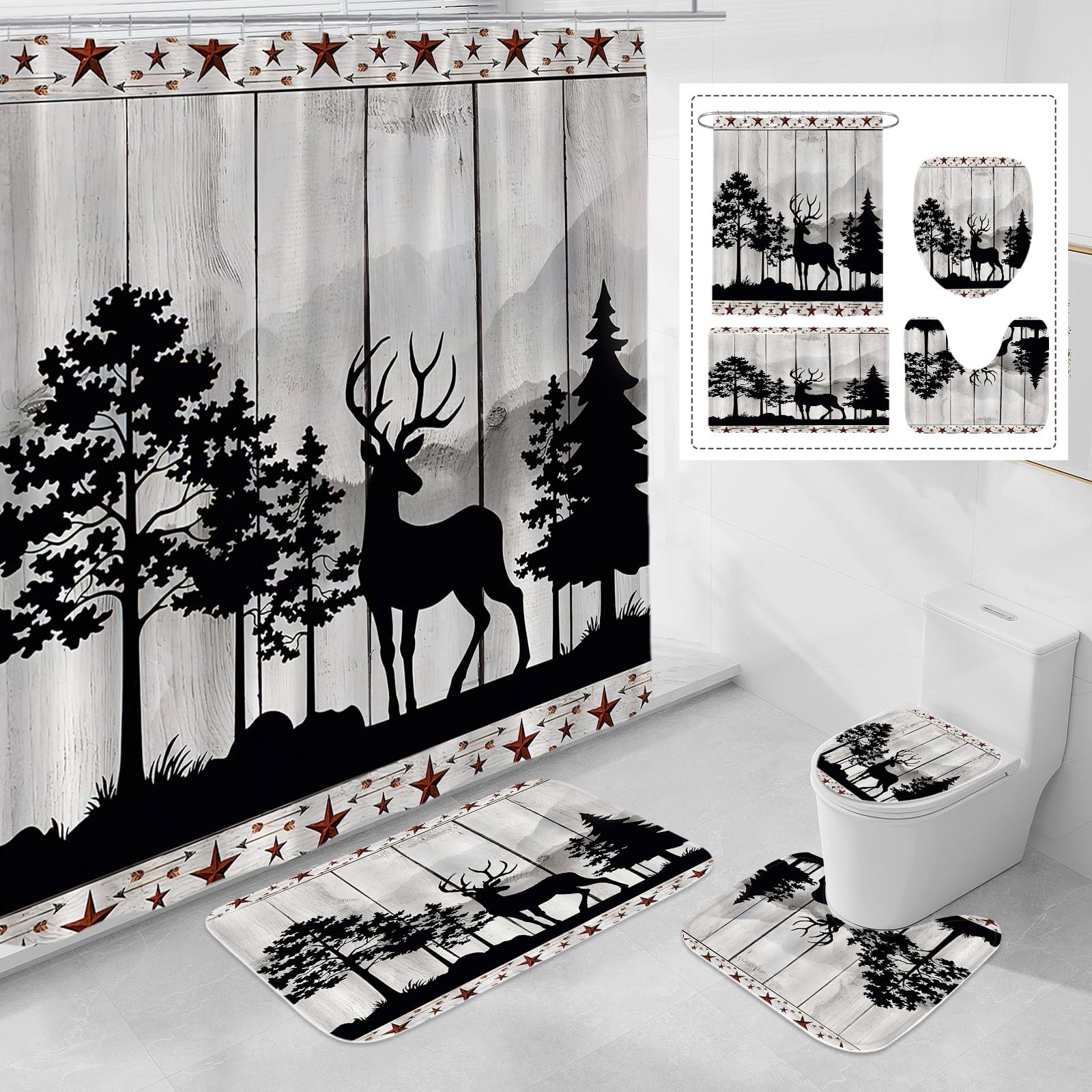 Litabel 4 Pcs Rustic Forest Deer Shower Curtain Set With Non-Slip Rugs, Toilet Lid Cover And Bath Mat, Wooden Country Bathroom D