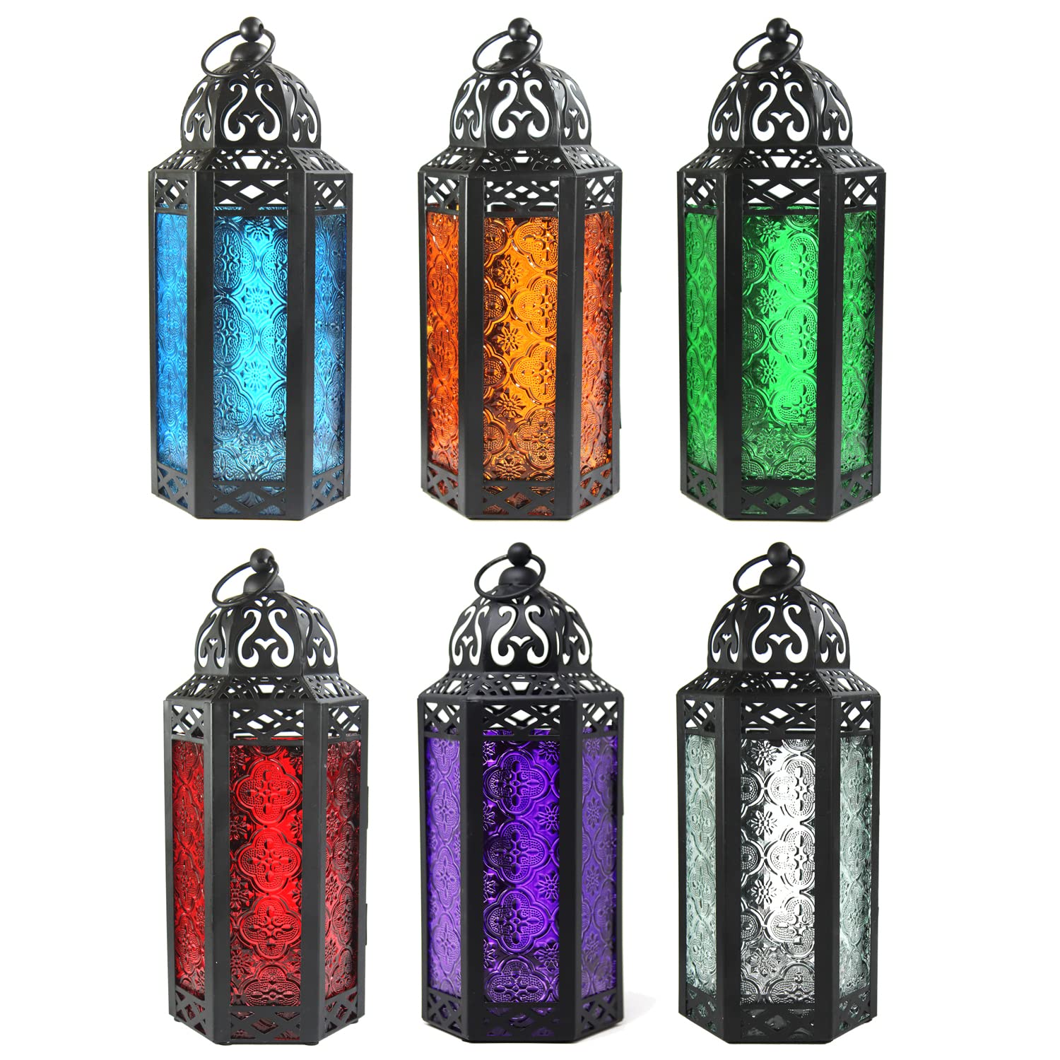 VELA LANTERNS 6pk Decorative Moroccan Candle Lantern Holder for Home Decor, Patio, Weddings, Assorted Colors, Medium
