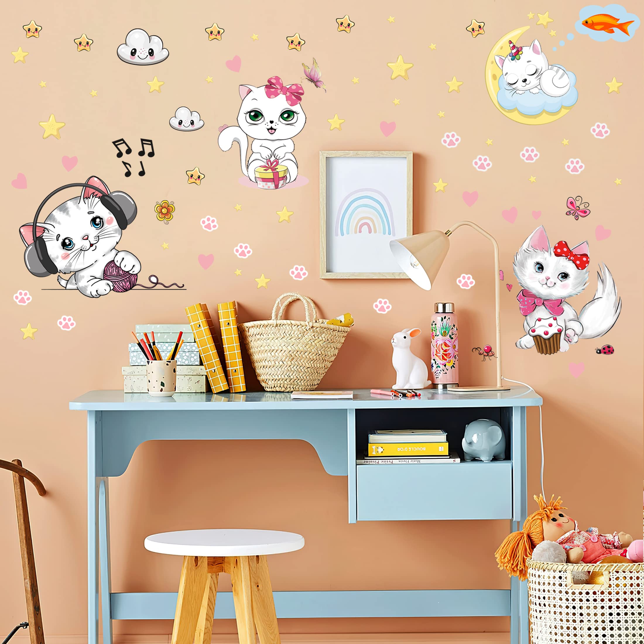 Glow in The Dark Stars for Girl's Room  Glowing Cats Cartoon Wall/Ceiling Decals  Kitten Butterflies Stickers for Kids Bedroom  Luminous Wall Decor for Nursery (Blue)