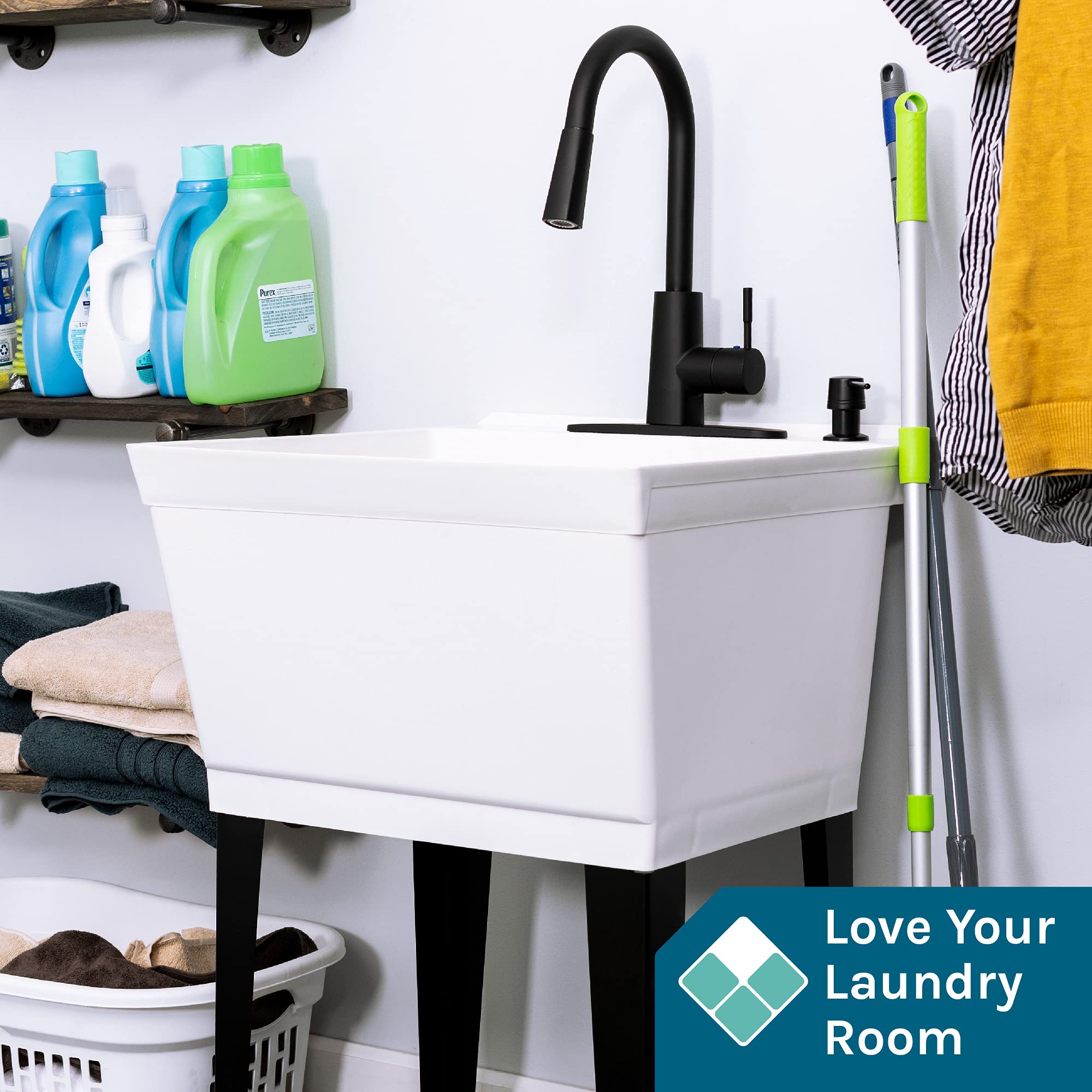 Utility Sink Laundry Tub With High Arc Black Faucet By VETTA JS Jackson - Pull Down Sprayer Spout  Heavy Duty Slop Sinks For Washing Room  Basement  Garage  or Shop  Free Standing Tubs Parent (White)