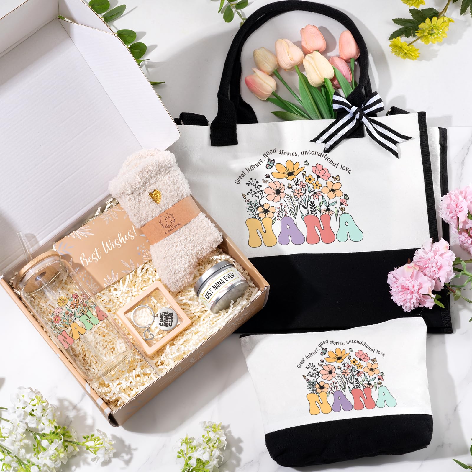 Nana Gifts for Women Birthday Mothers Day Gifts Set from Granddaughter Grandson Grandchildren, 16 Oz Glass CupCanvas Tote Bag Gi