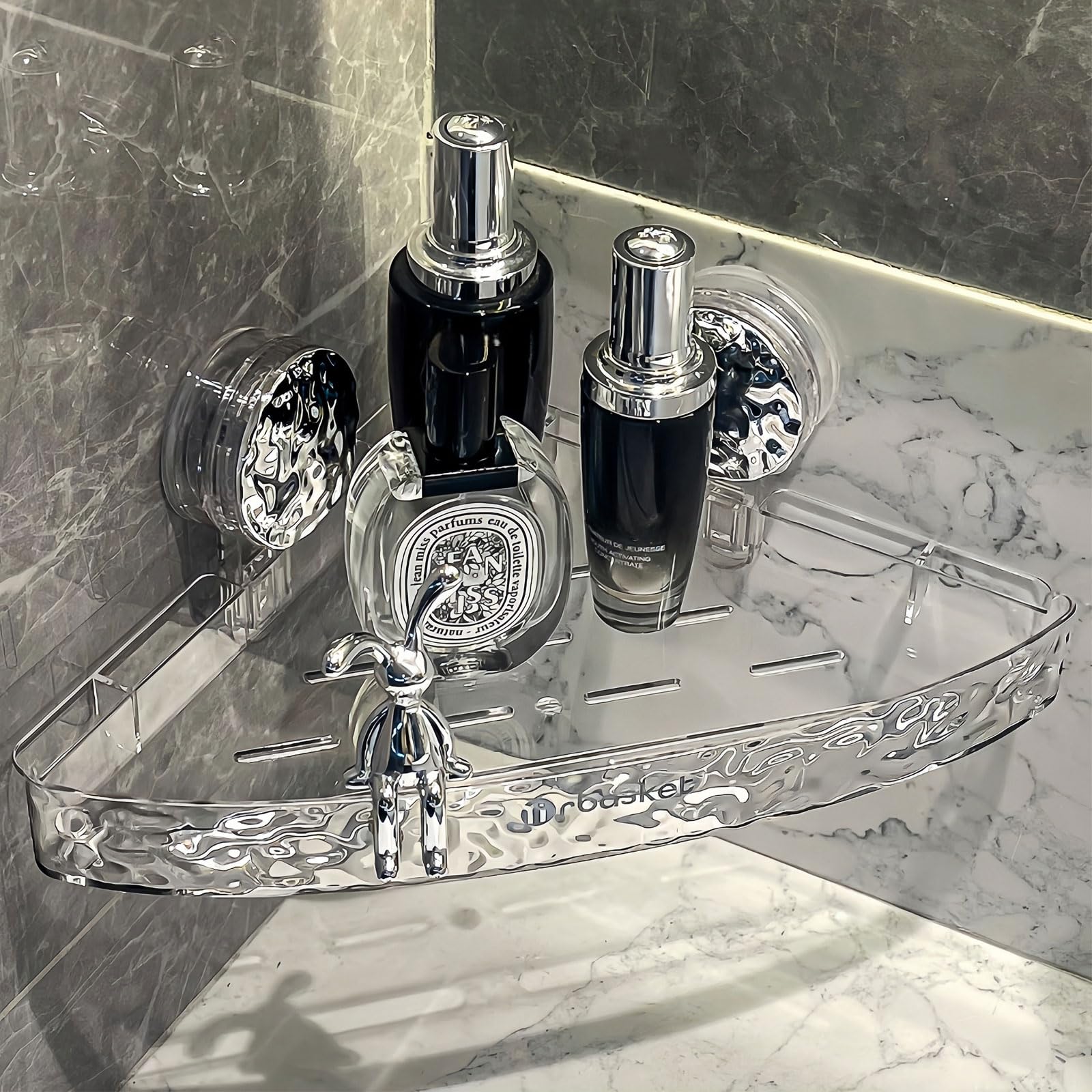 AYWSTC Corner Shower Caddy Suction Cup, Wall Mounted Suction Shower Rack Organizer, No Drilling Shower Shelf, Clear Basket with 