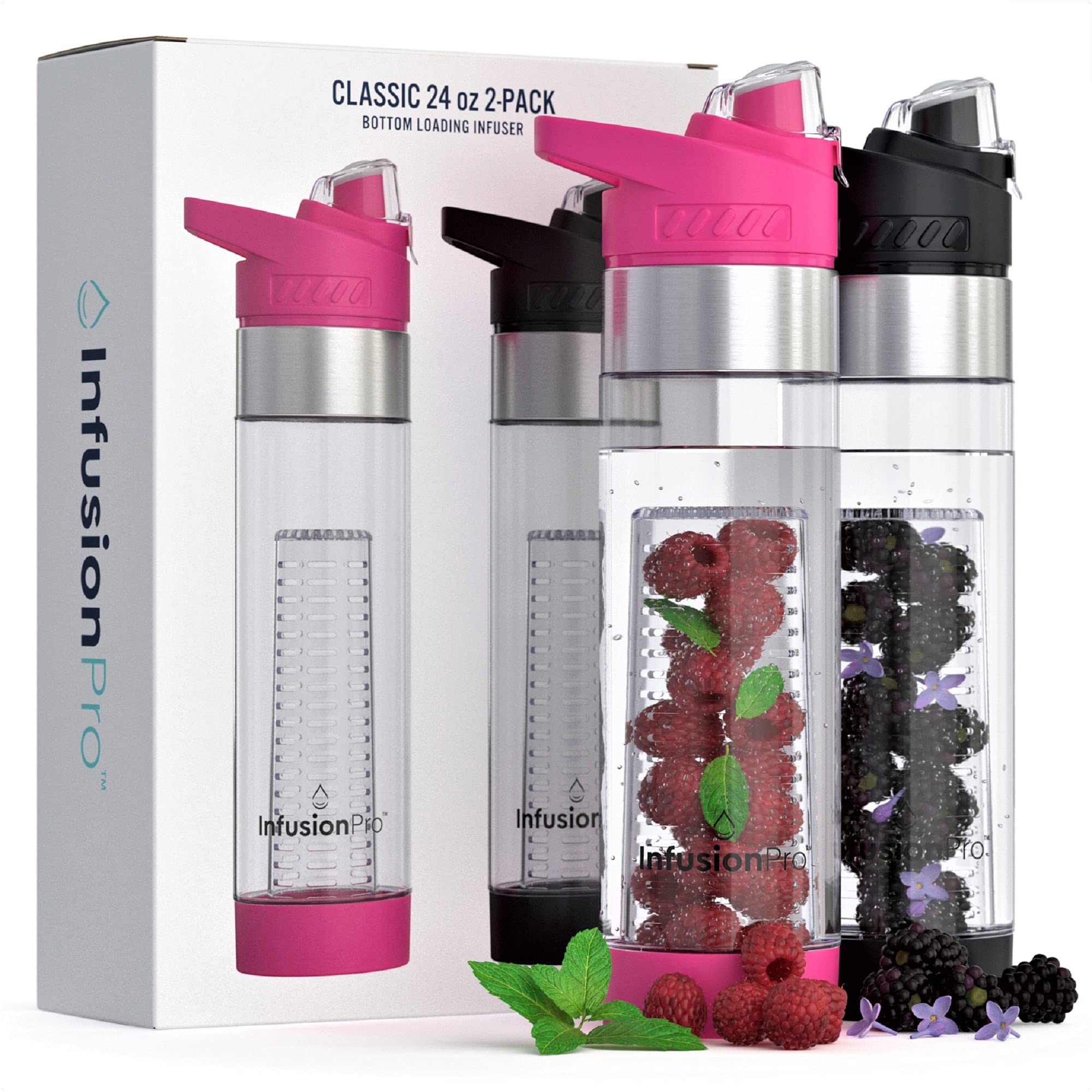 Infusion Pro 24 Oz Fruit Infuser Water Bottle With Flavor Infuser, 2 Pack, Flip Top Lid, Insulated Sleeve & Fruit Infused Water