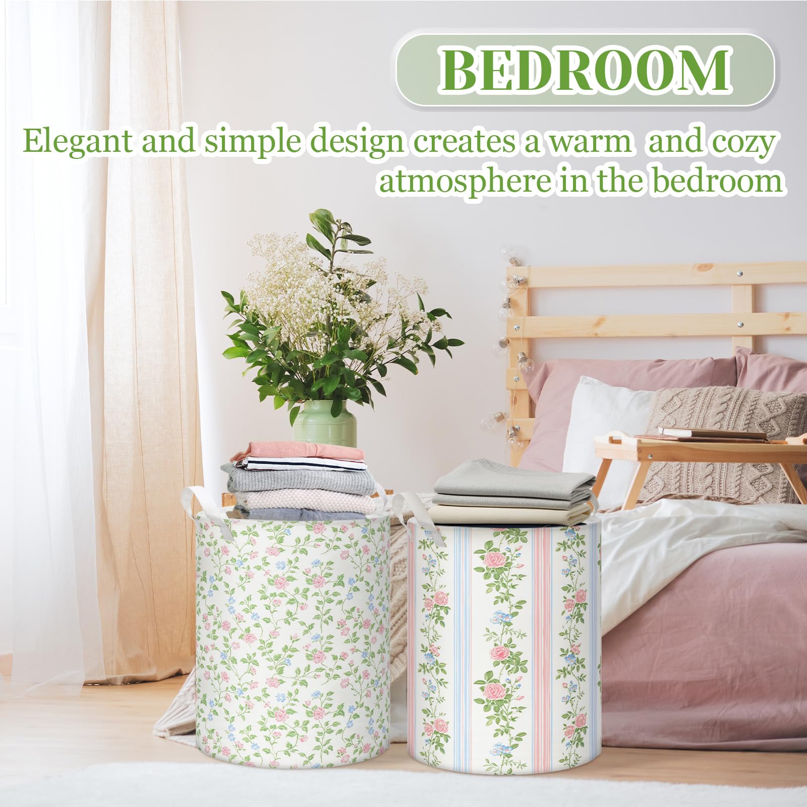 Croblissful 2 Pcs Floral Laundry Basket Coquette Storage Basket For Girls Flower Nursery Hamper With Handles Foldable Waterproof