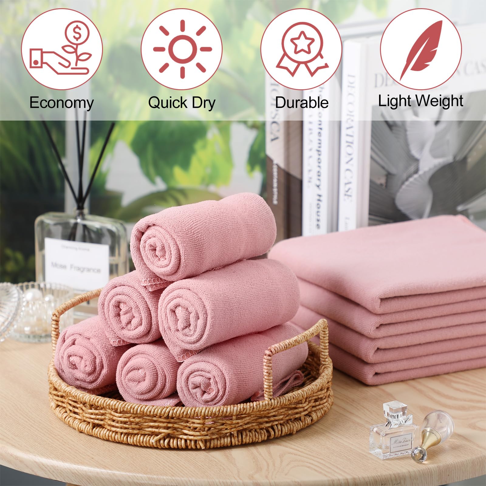 Moukeren 72 Pack Pink Salon Hand Towels Microfiber Absorbent Resistant 16 x 27 Hair Hand Towels Bulk Quick Dry for Salon Facial