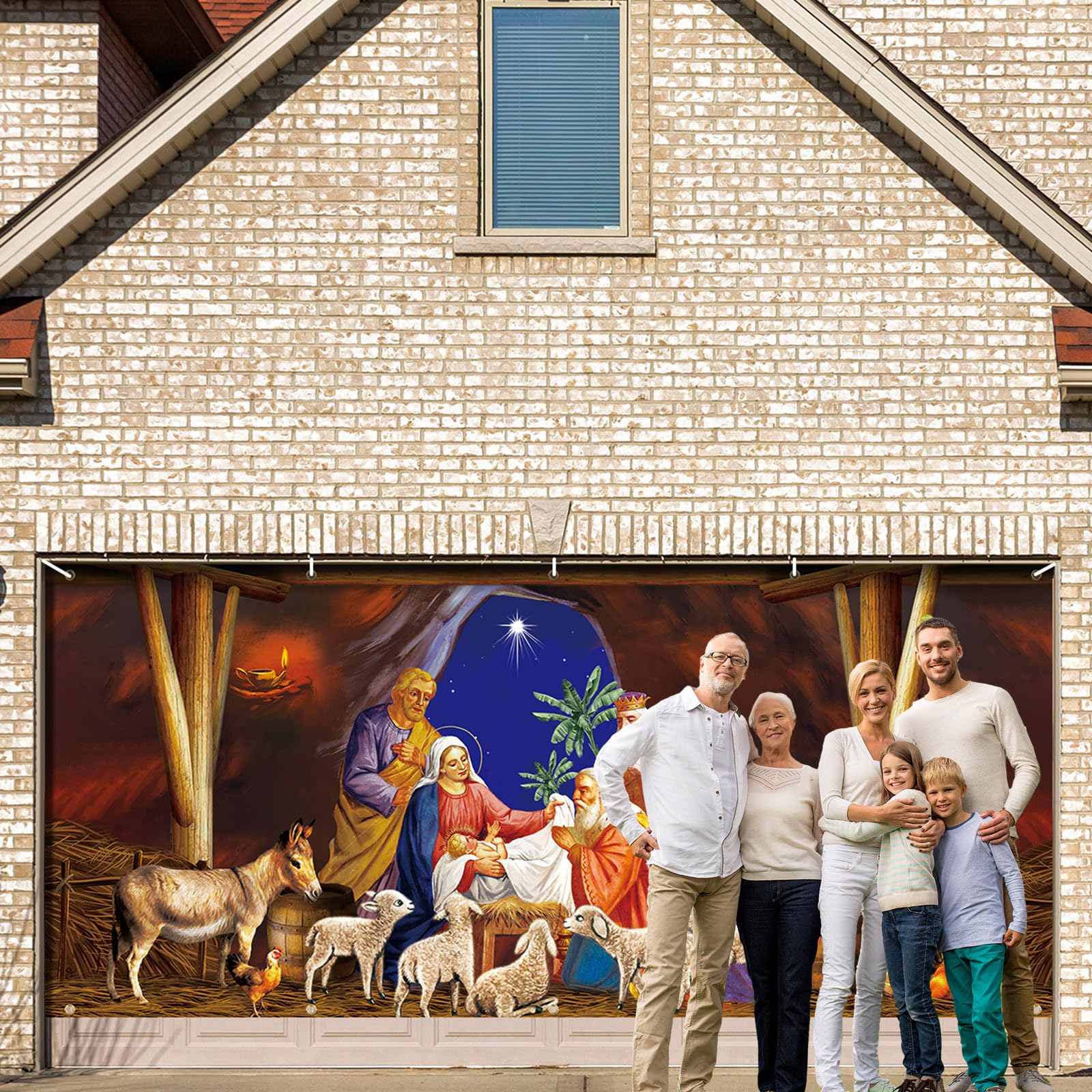 Wesiti Christmas Nativity Garage Door Cover 6 x 13 ft Religious Jesus Merry Christmas Garage Door Banner Backdrop Nativity Scene