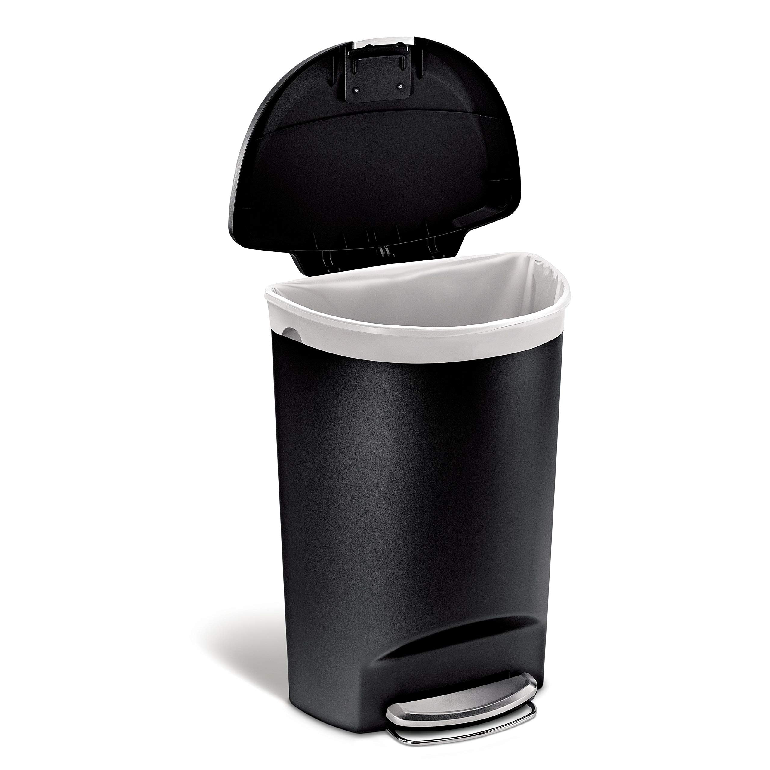 Simplehuman 50 Liter / 13 Gallon Semi-Round Kitchen Step Trash Can With Secure Slide Lock, Black Plastic