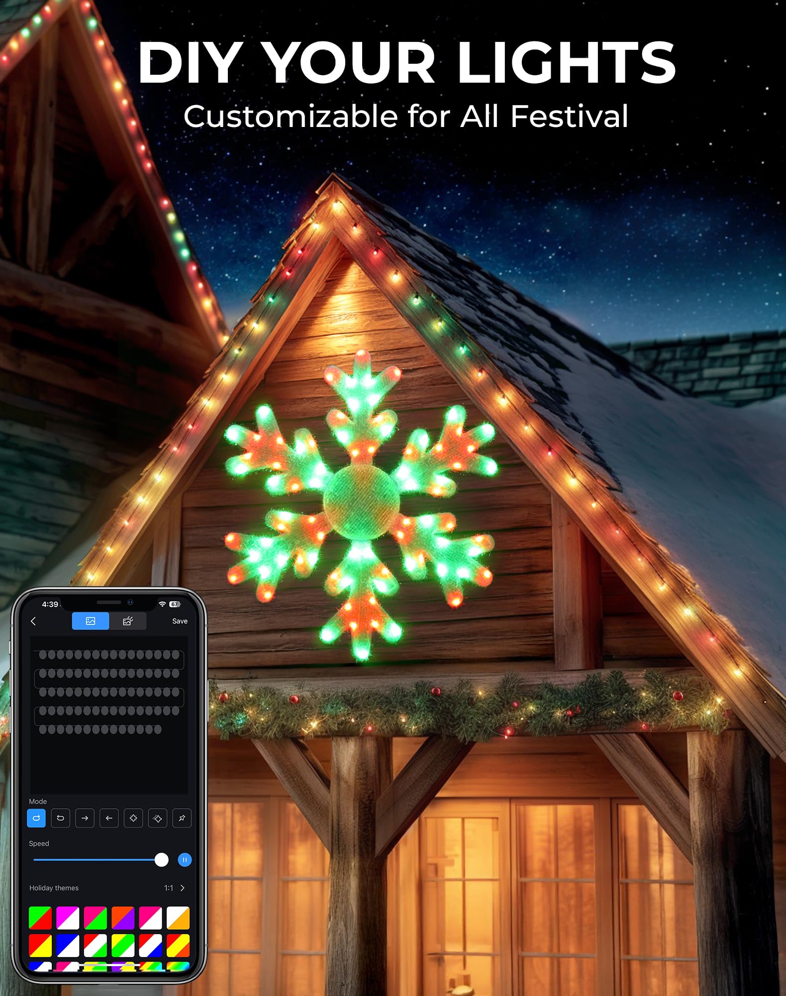 32 Smart LED Snowflake Christmas Lights Outdoor, DIY Color Changing Big Folding Plug in Window Hanging Lights Music Sync Chasing