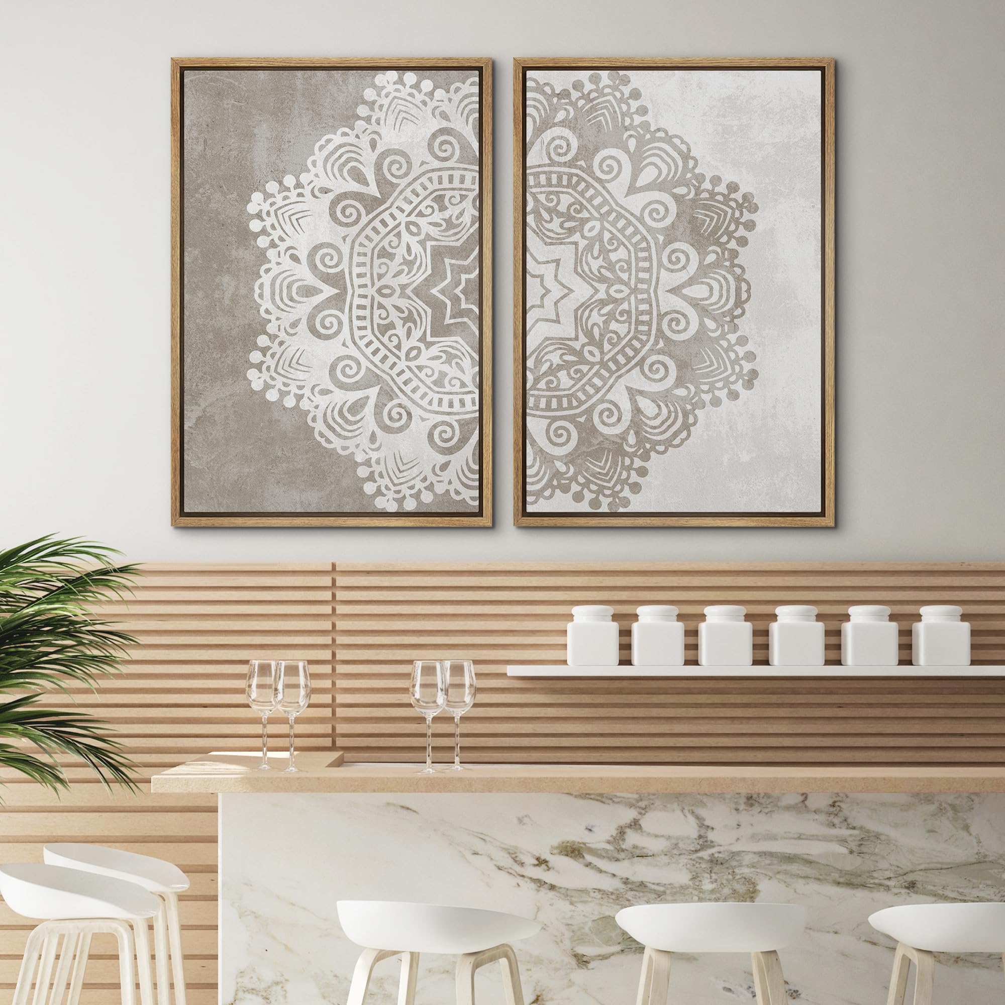 Signwin Framed Canvas Print Wall Art Set Duotone Cultural Indian Mandala Pattern Abstract Shapes Illustrations Modern Art Minima