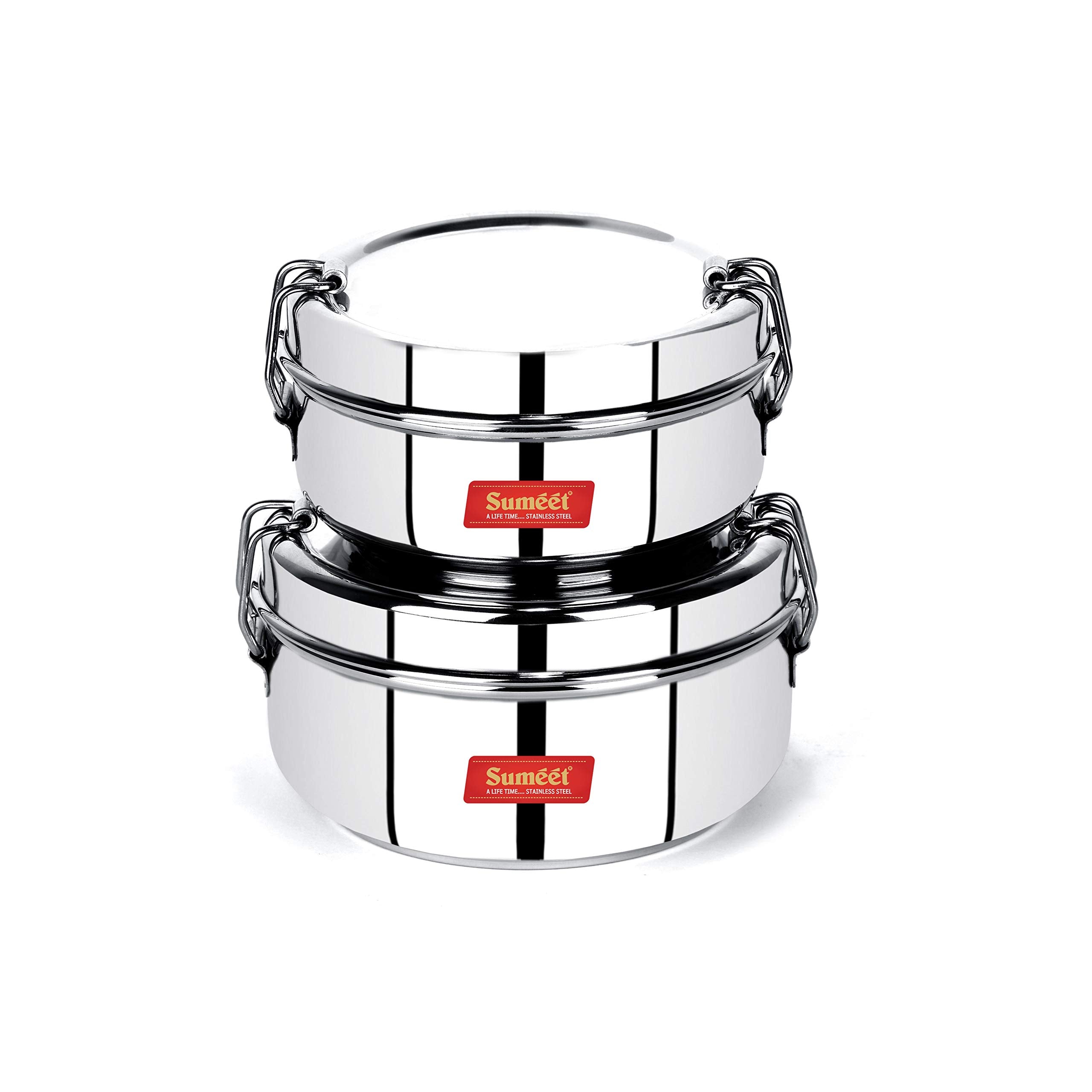 Sumeet Stainless Steel Food Pack Lunch Box For Kids/School With Steel Separator Plate And Locking Clip, Set Of 2Pc, 500Ml & 650M