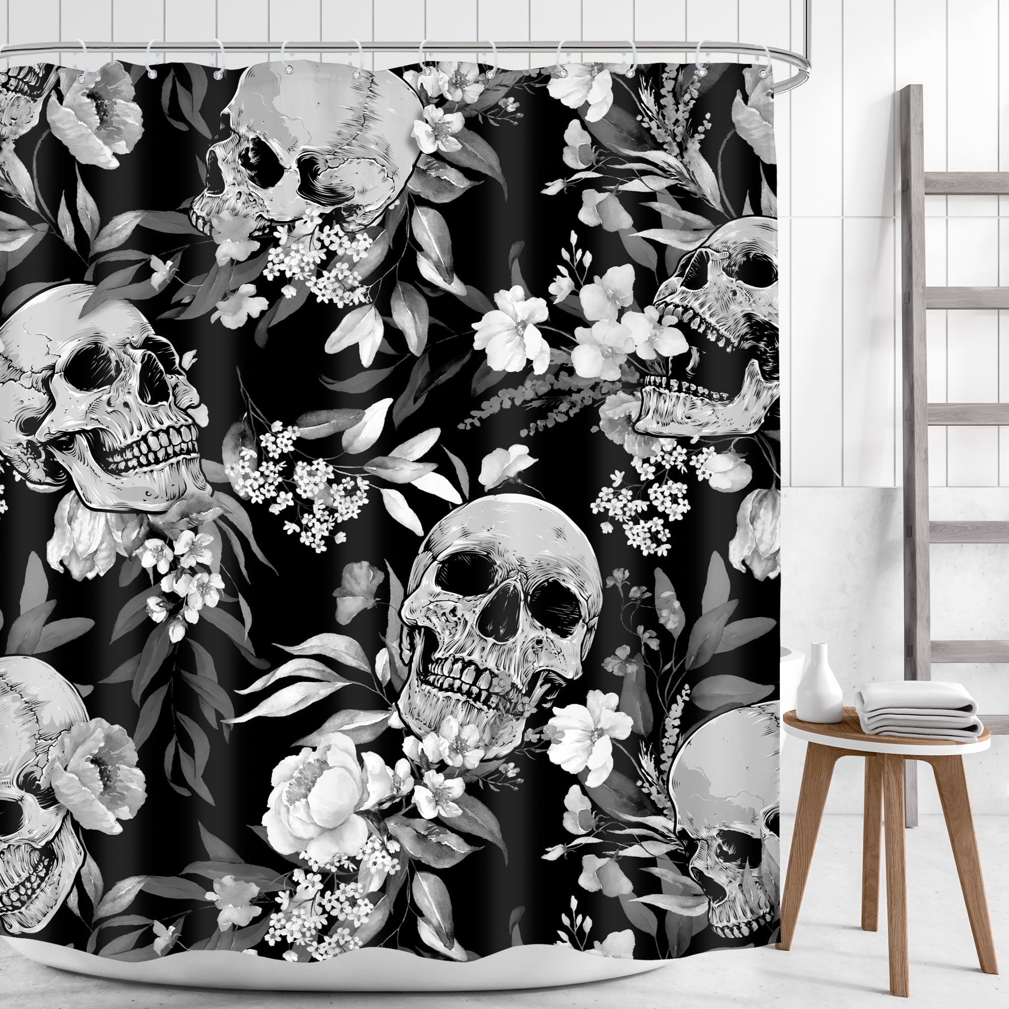 Mitpok Gothic Sugar Skull Shower Curtain 60Wx72H Black White Skeleton Goth Retro Spooky Flower Floral Halloween Plant Leaves Bot
