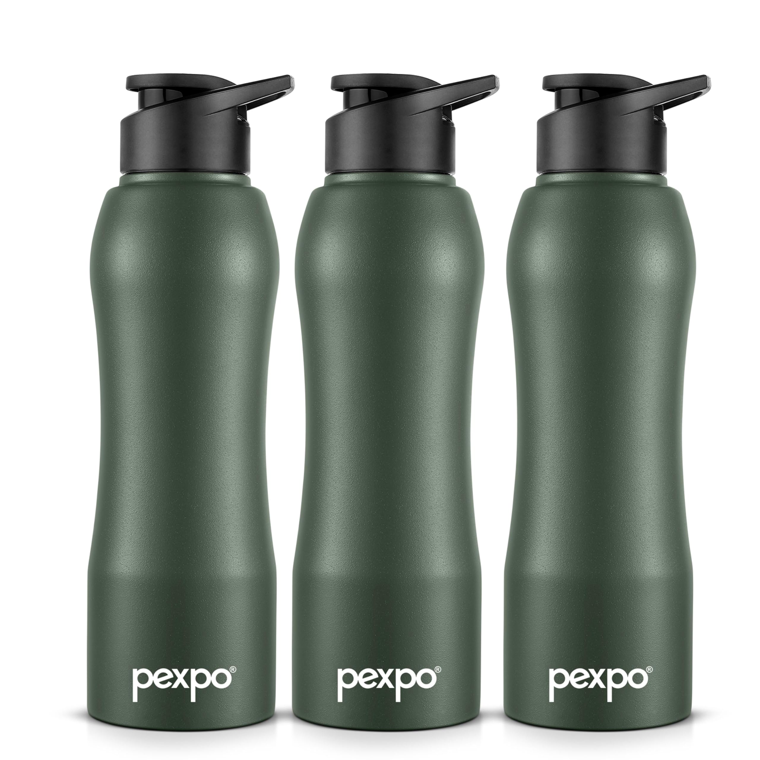 Pexpo Bistro Isi Certified Stainless Steel Fridge/Sports Sipper Water Bottle 750Ml, Military Green, Pack Of 3|Single Wall|Easy G