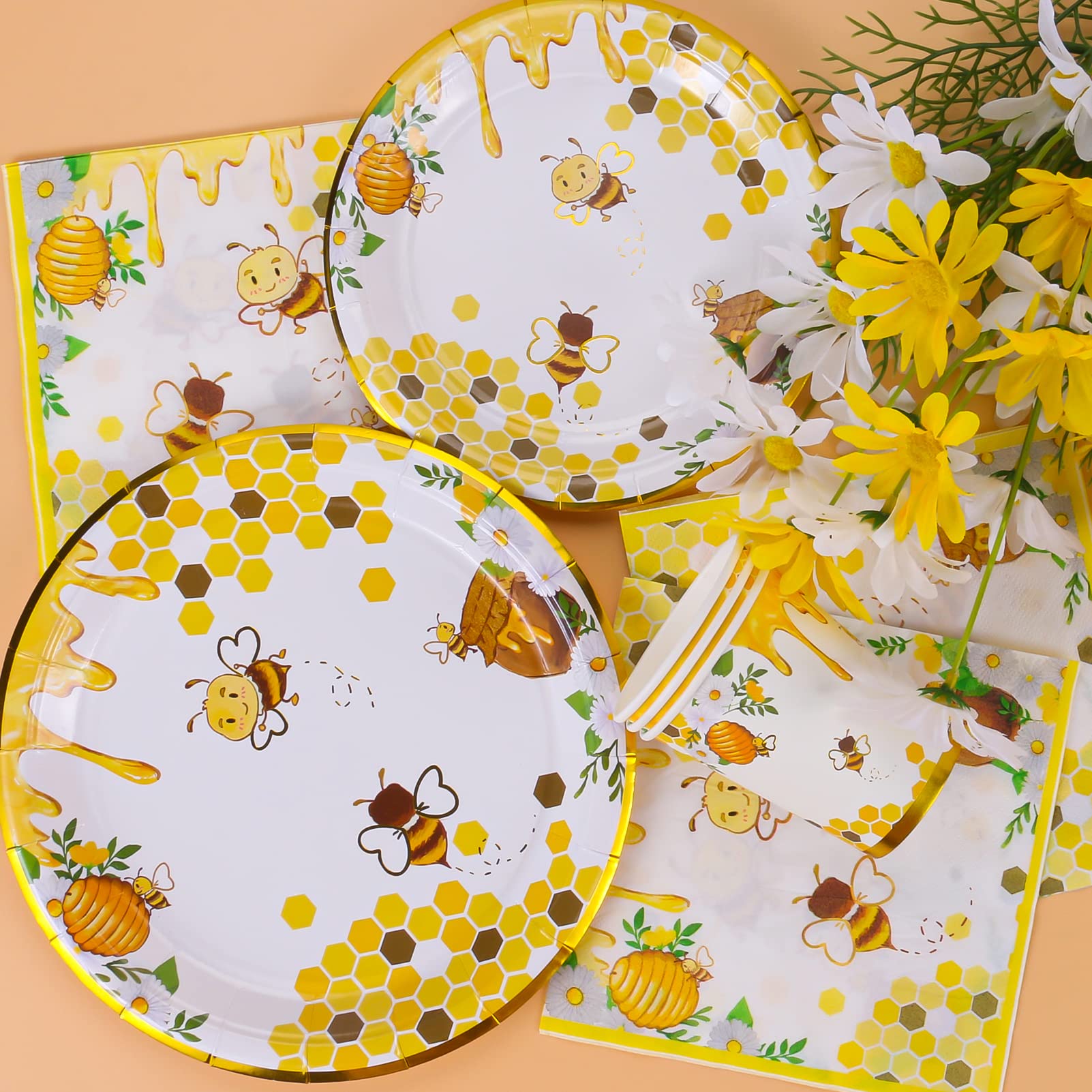 Atonofun Bee Party Supplies  Bee Plates and Napkins  Bee Party Plates  Cups  Napkins and Cutlery  Bee Party Decorations for Baby Shower  Bee Birthday  Happy Bee Day  Serves 24